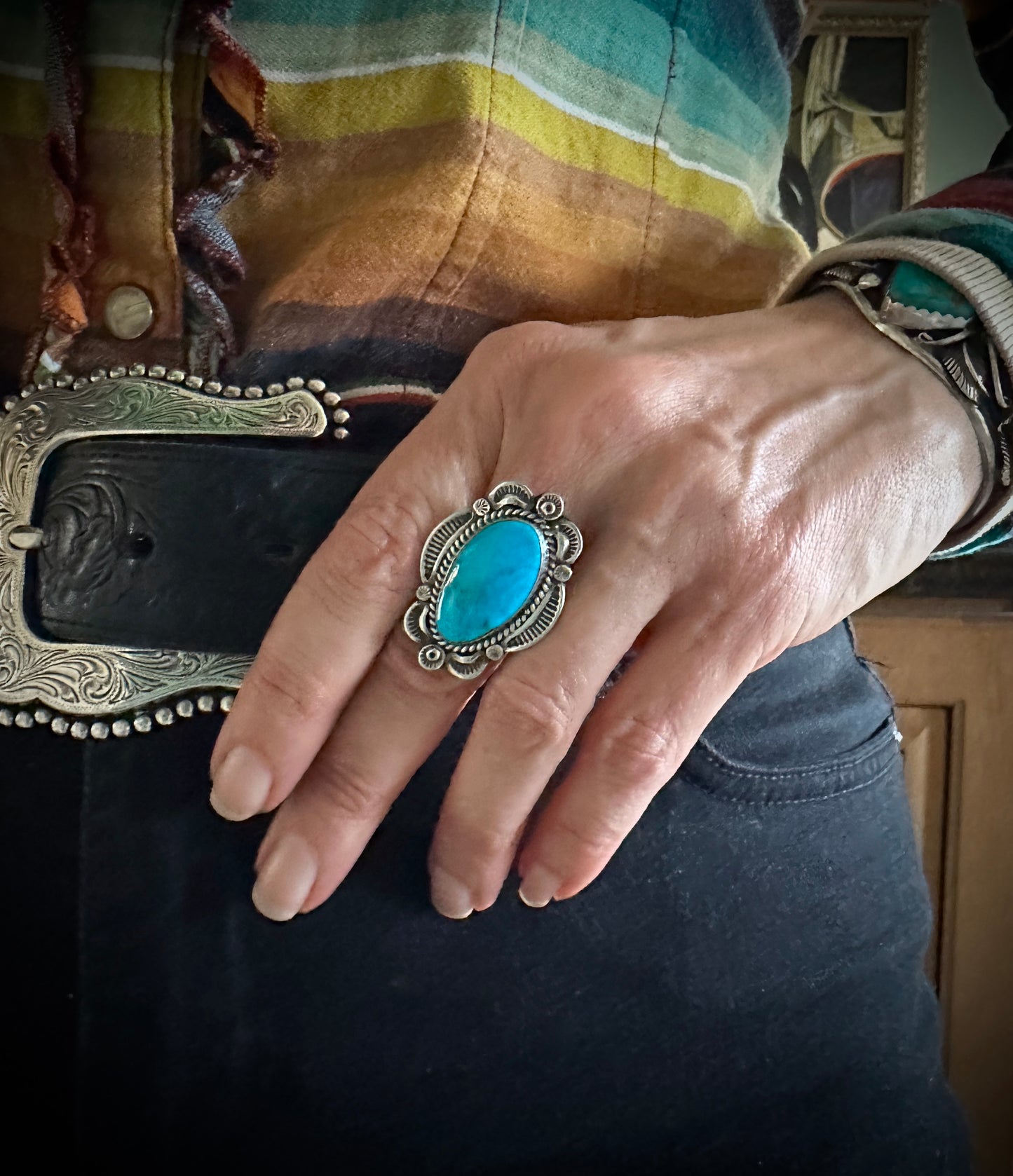 Turquoise Native American Navajo Sterling Silver Ring Size 8 Signed - E M Linkin