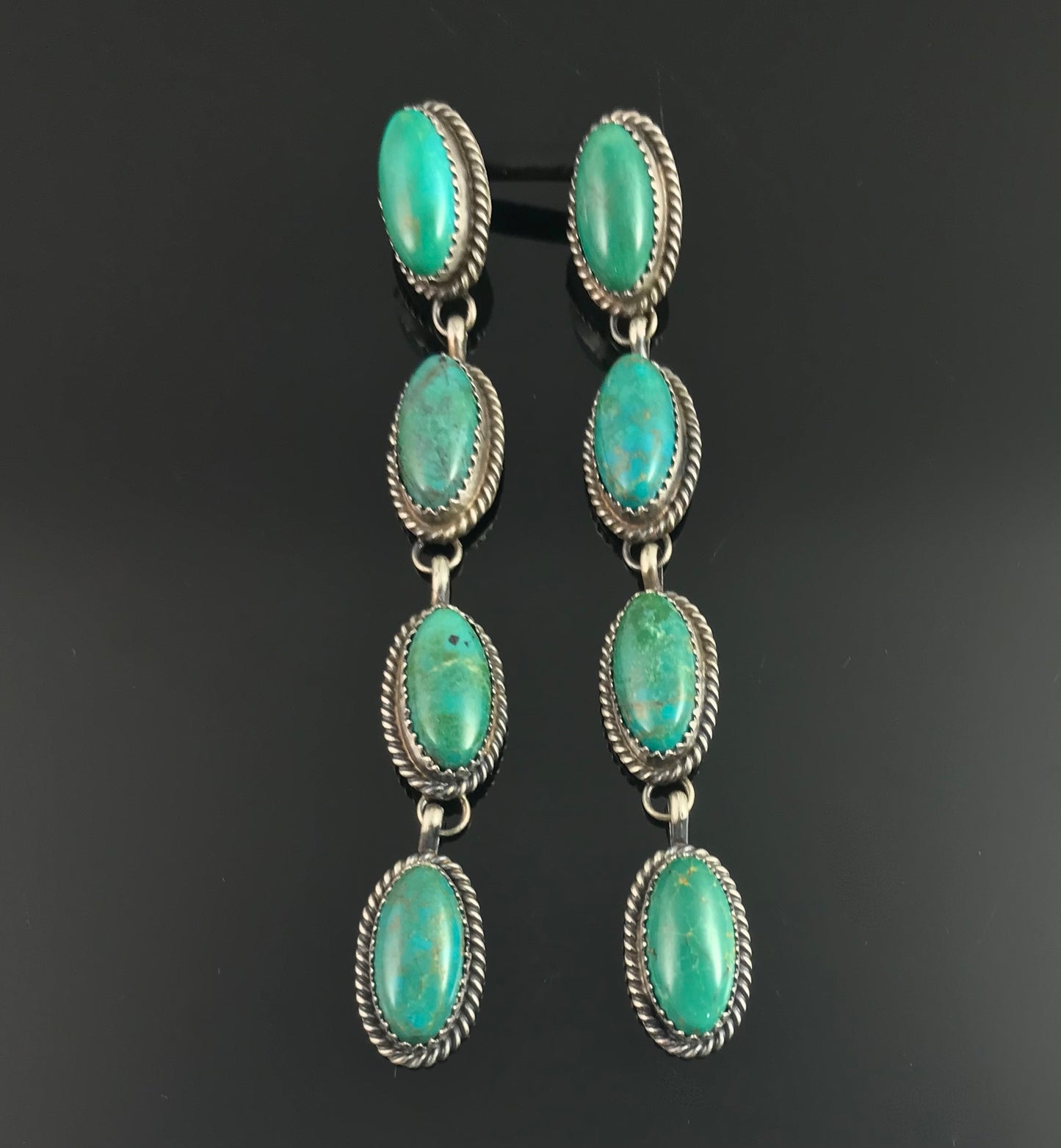 4" Long Turquoise Earrings Navajo Native American Sterling Silver - Frida Martinez
