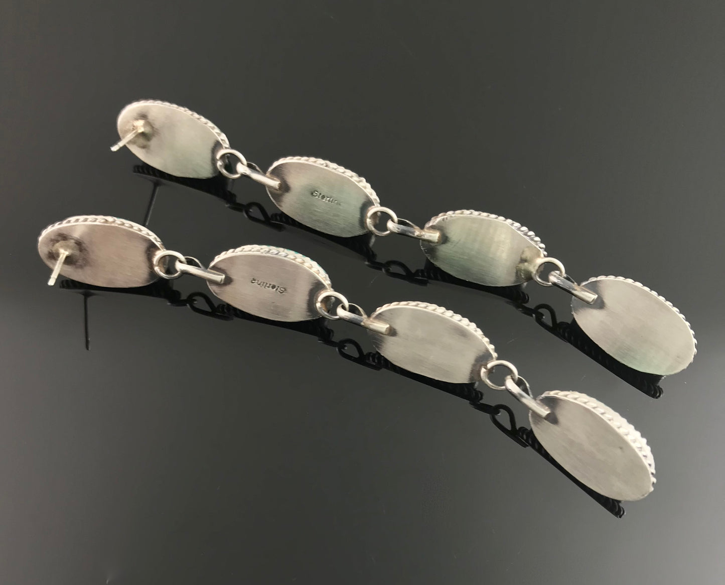 4" Long Turquoise Earrings Navajo Native American Sterling Silver - Frida Martinez