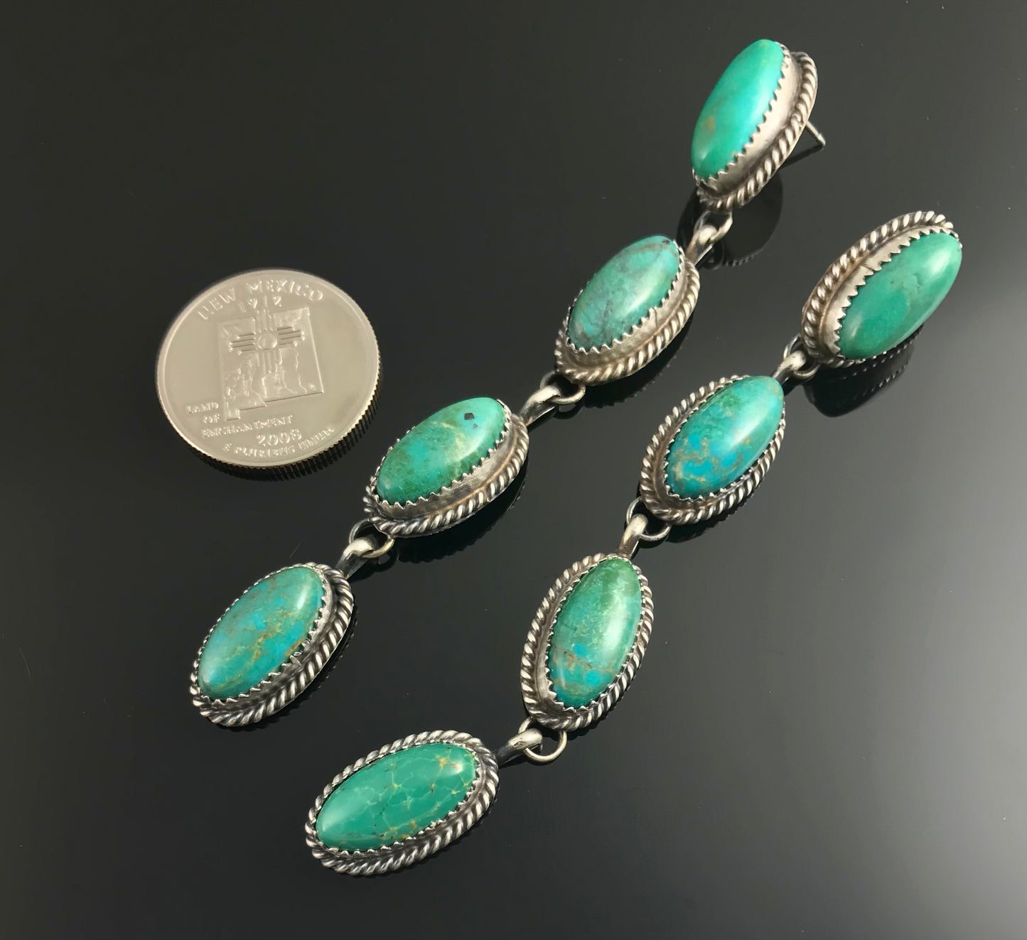 4" Long Turquoise Earrings Navajo Native American Sterling Silver - Frida Martinez