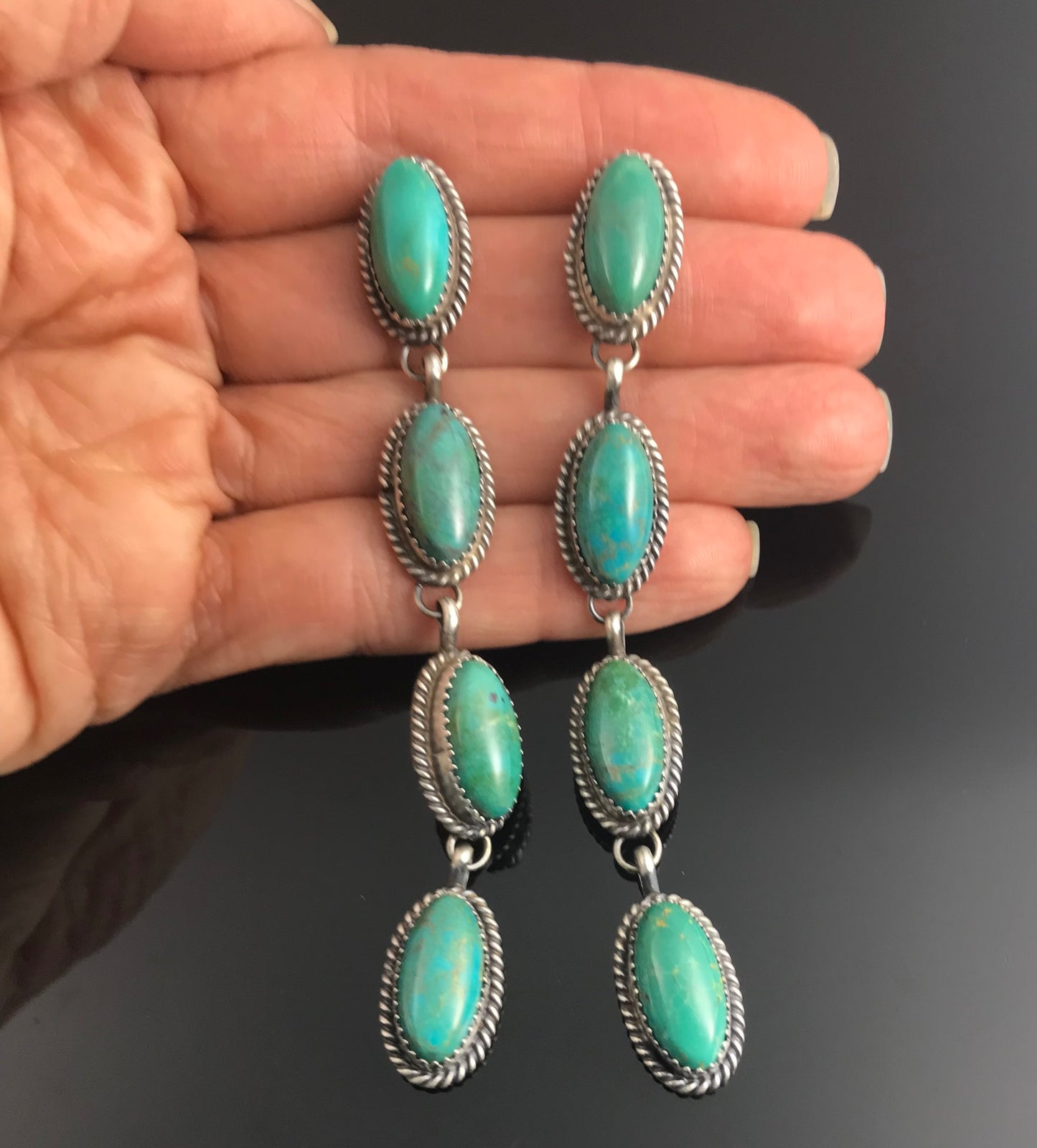 4" Long Turquoise Earrings Navajo Native American Sterling Silver - Frida Martinez
