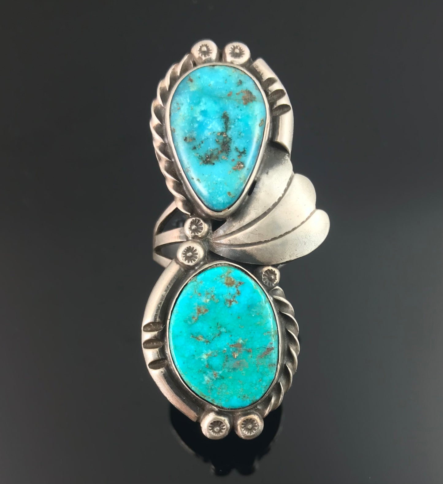 Double Turquoise Native American Navajo Sterling Silver Ring Size 9 - Vintage