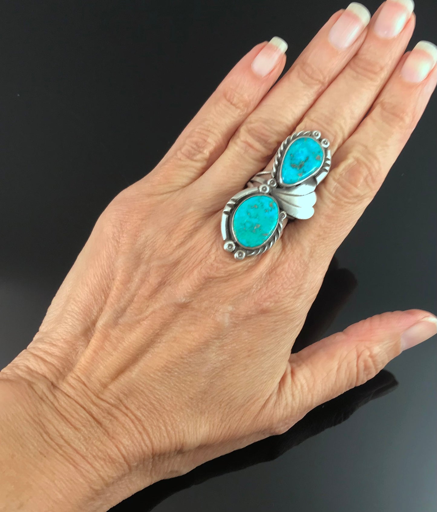 Double Turquoise Native American Navajo Sterling Silver Ring Size 9 - Vintage