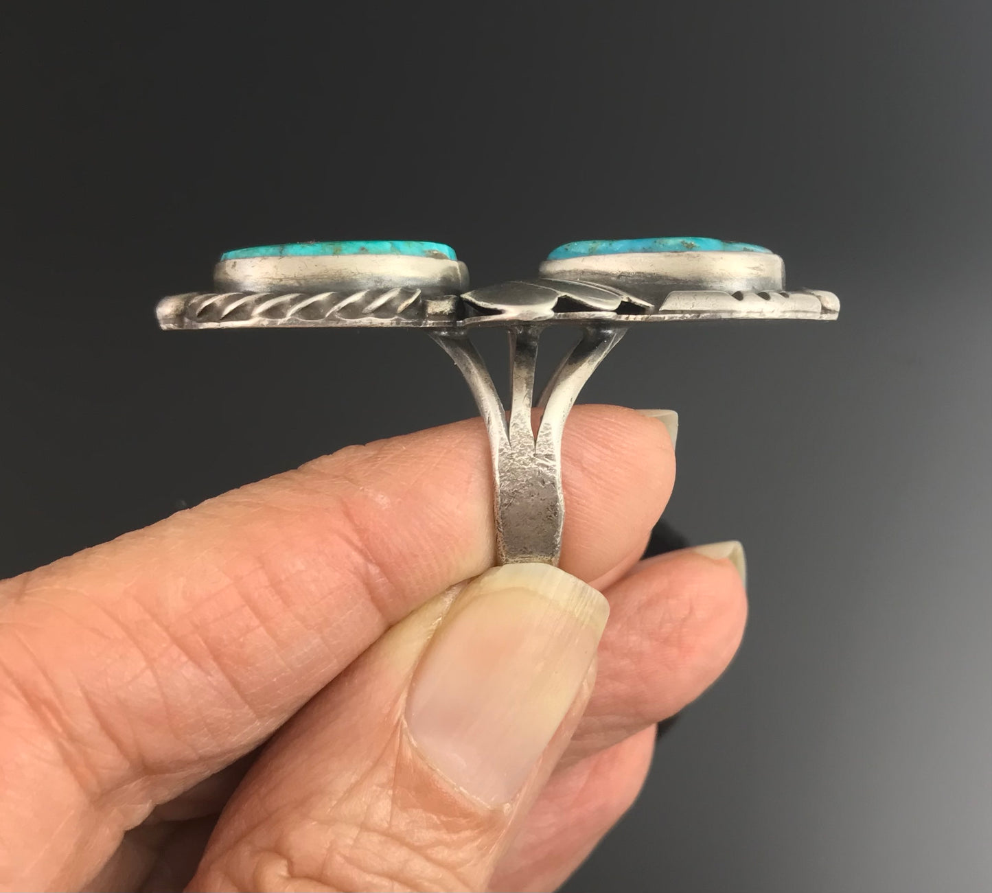 Double Turquoise Native American Navajo Sterling Silver Ring Size 9 - Vintage