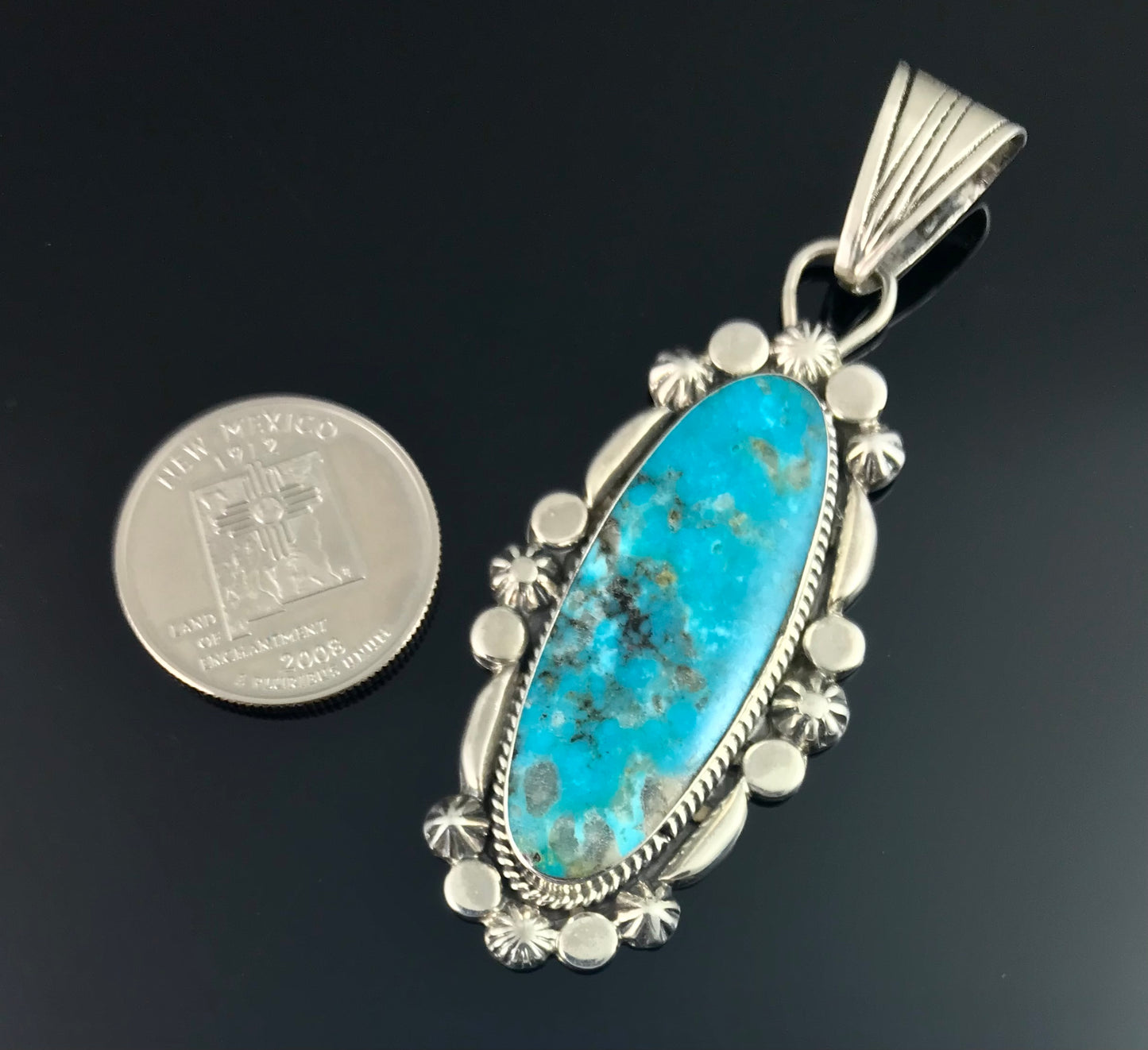 Turquoise Sterling Silver Navajo Necklace Pendant Native American - Jimson Belen