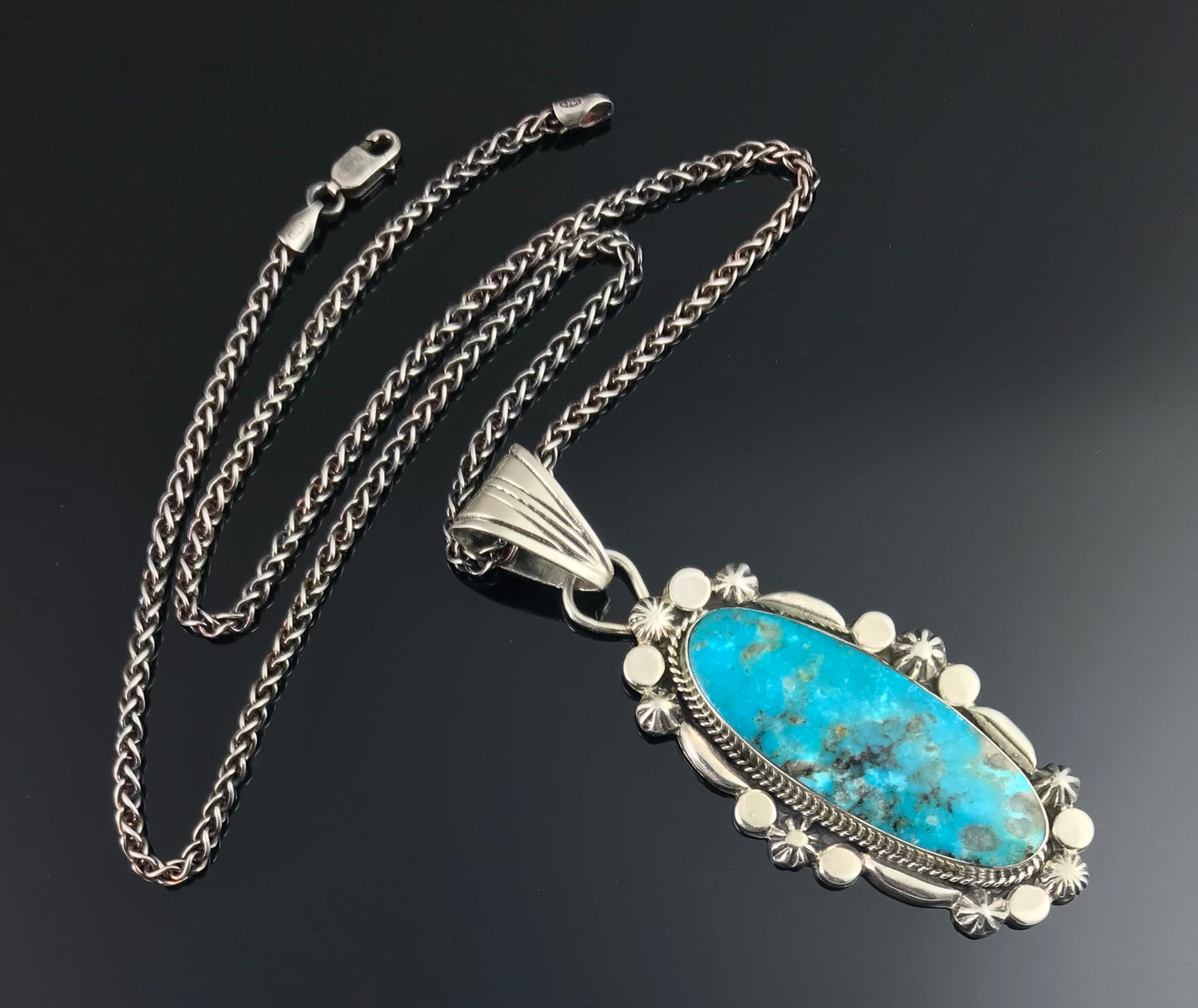Turquoise Sterling Silver Navajo Necklace Pendant Native American - Jimson Belen