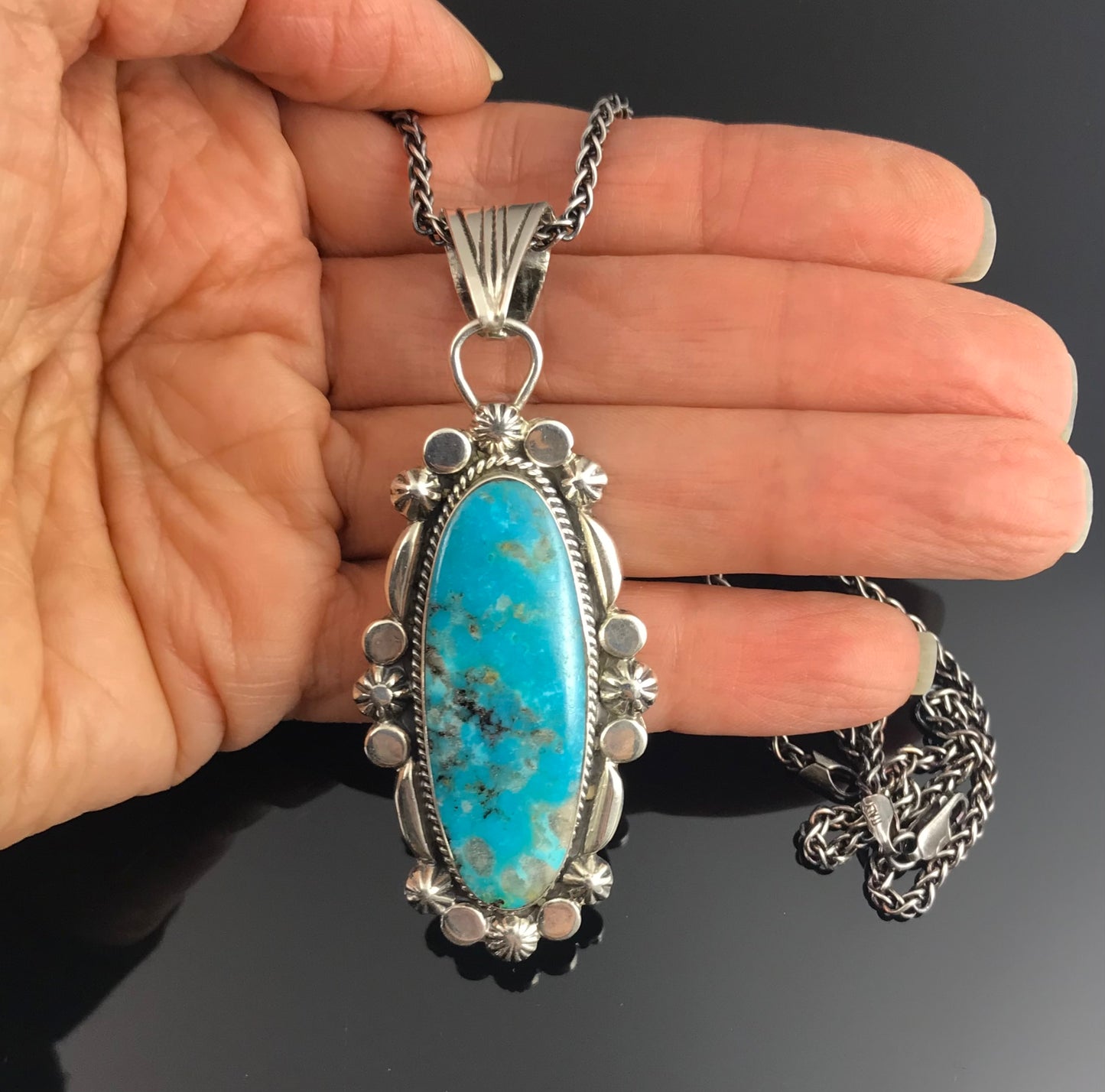 Turquoise Sterling Silver Navajo Necklace Pendant Native American - Jimson Belen
