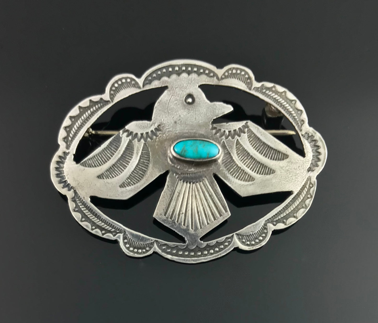 Pierced Frame Fred Harvey Era Thunderbird and Turquoise Pin Native American Navajo - Vintage