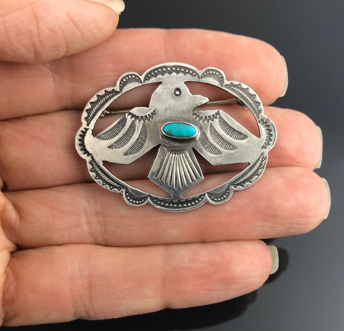 Pierced Frame Fred Harvey Era Thunderbird and Turquoise Pin Native American Navajo - Vintage