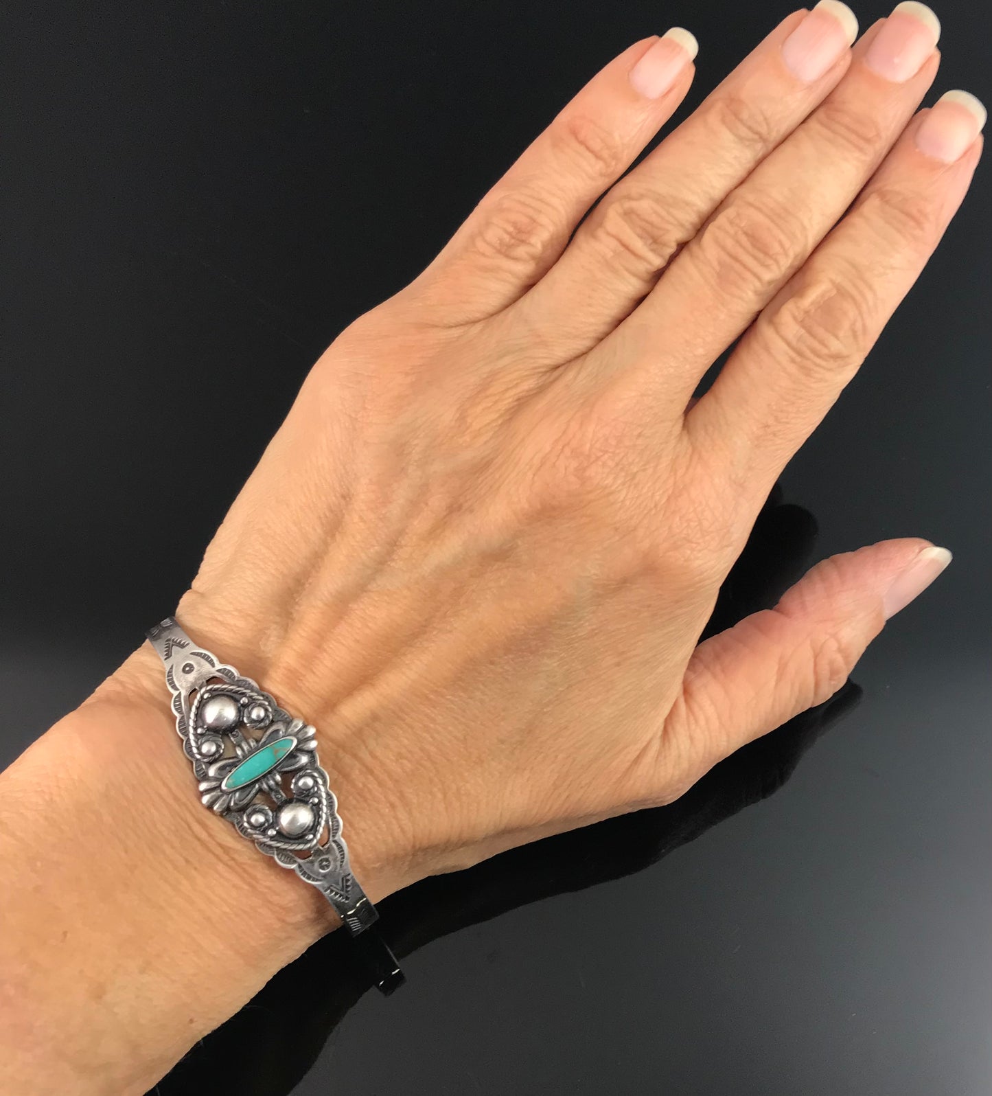 Fred Harvey Turquoise Native American Navajo Cuff Bracelet Sterling Silver - Vintage