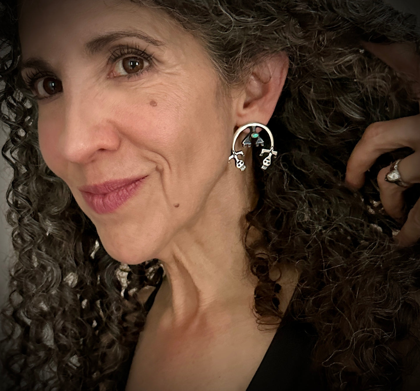 Rainbow Yei Sand Cast Sterling and Turquoise Native American Navajo Earrings - Martha Cayatineto