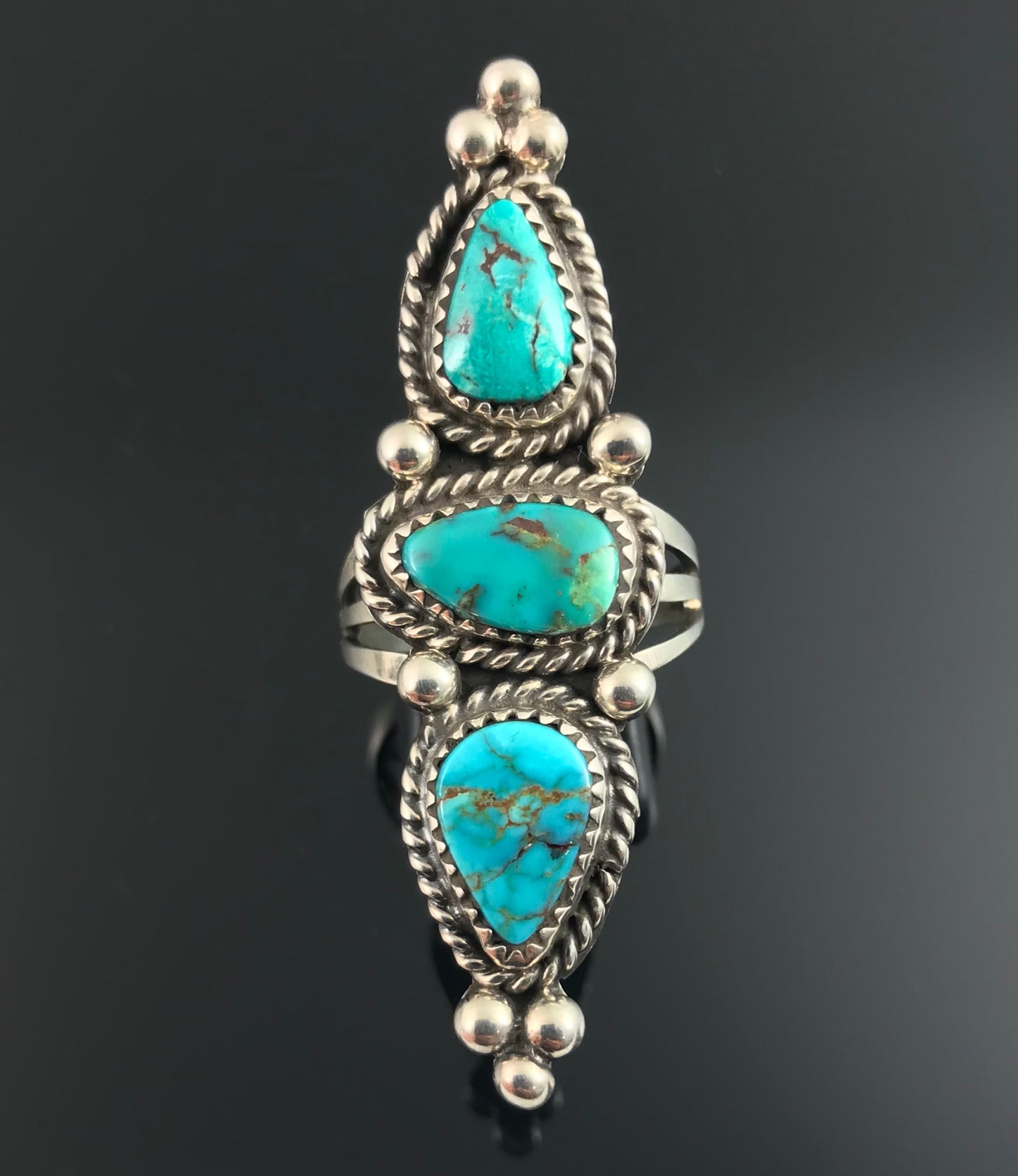 3 Blue Gem Turquoise Native American Apache Navajo Ring Size 9: Rosella Paxson