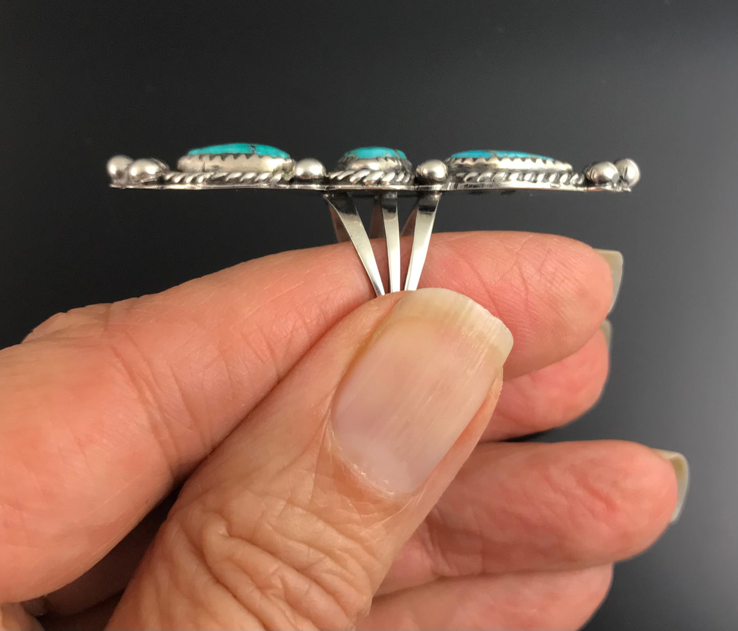 3 Blue Gem Turquoise Native American Apache Navajo Ring Size 9: Rosella Paxson