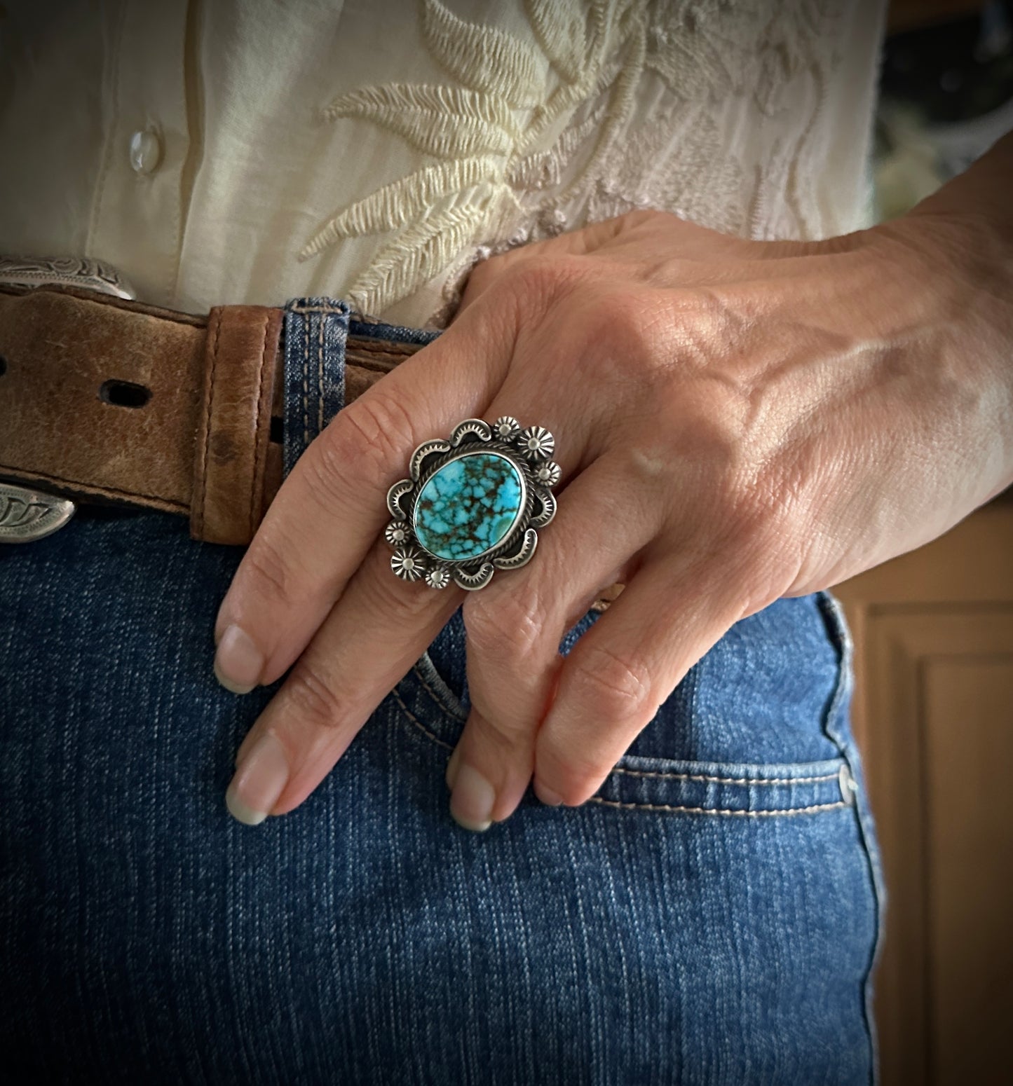 High Quality Spider Web Kingman Turquoise Ring Navajo Native American Size 9 - Benny Ramone