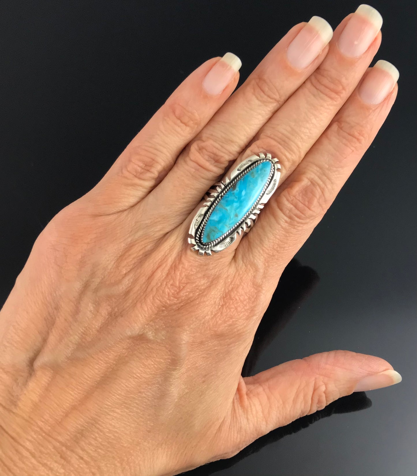 Long Turquoise Ring Navajo Native American Size 7 Sterling Silver