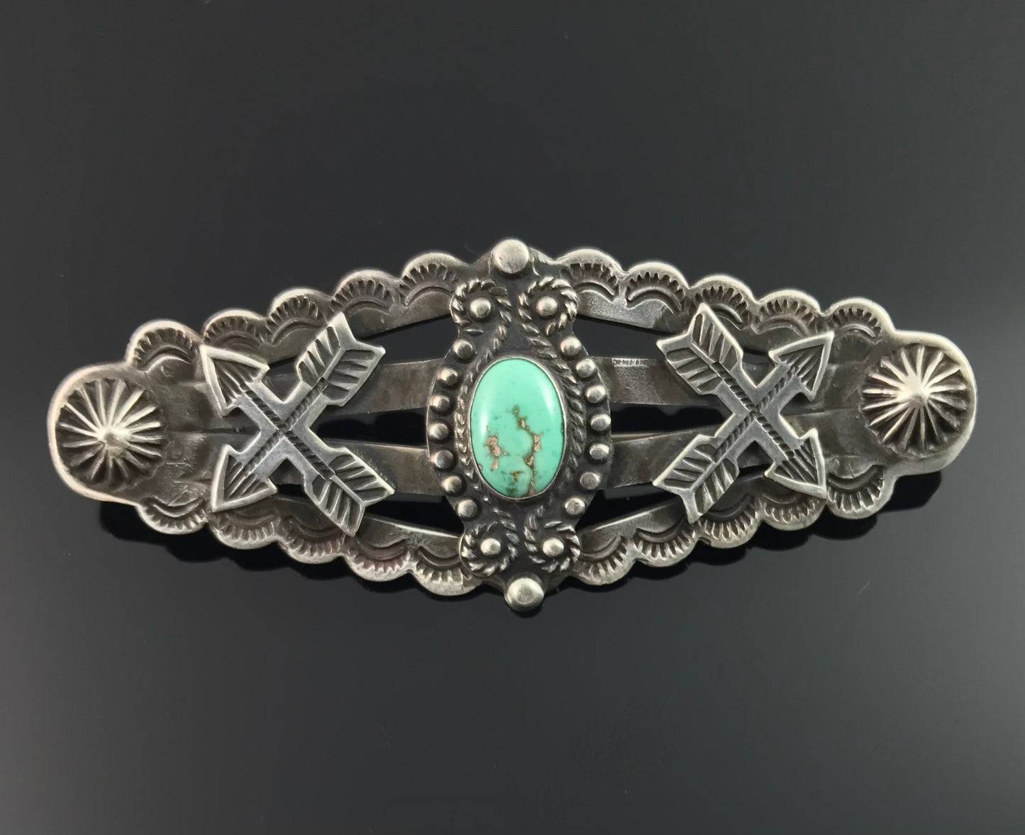 Rare COIN SILVER Large Fred Harvey Era Crossed Arrows Native American Turquoise Pin - Vintage