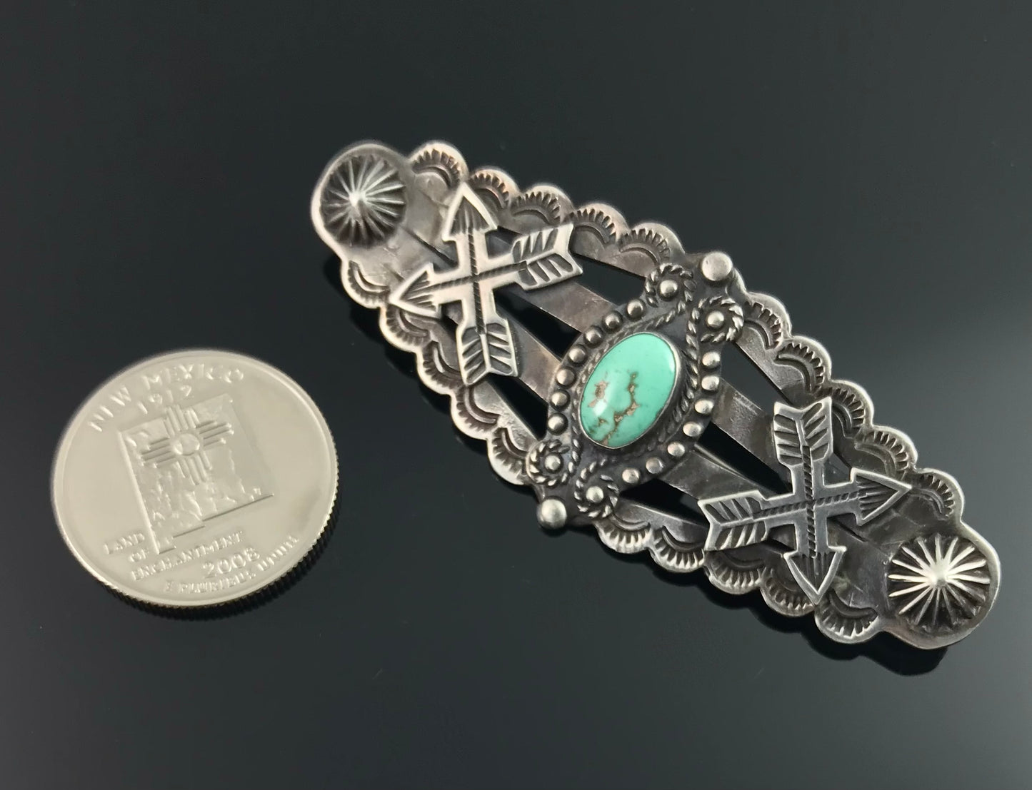 Rare COIN SILVER Large Fred Harvey Era Crossed Arrows Native American Turquoise Pin - Vintage