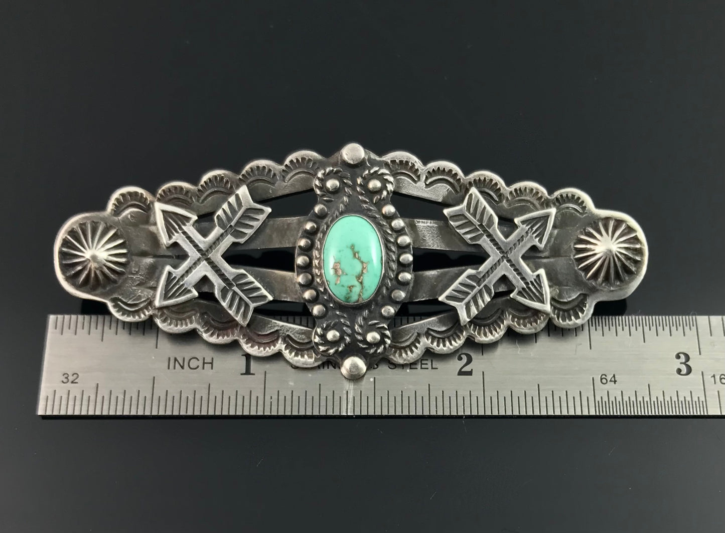 Rare COIN SILVER Large Fred Harvey Era Crossed Arrows Native American Turquoise Pin - Vintage