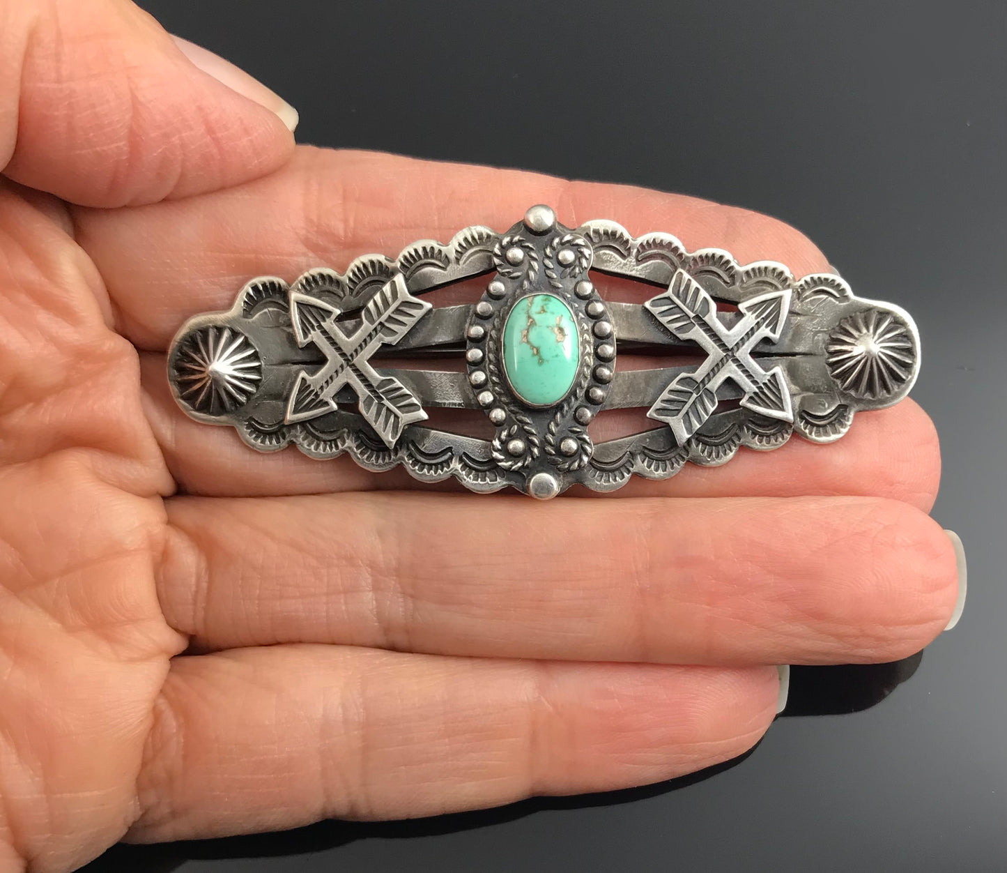 Rare COIN SILVER Large Fred Harvey Era Crossed Arrows Native American Turquoise Pin - Vintage