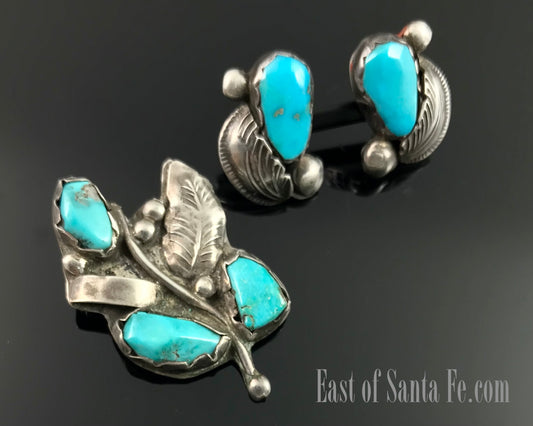 Simplicio Turquoise Pin and Earrings Native American Zuni- Vintage