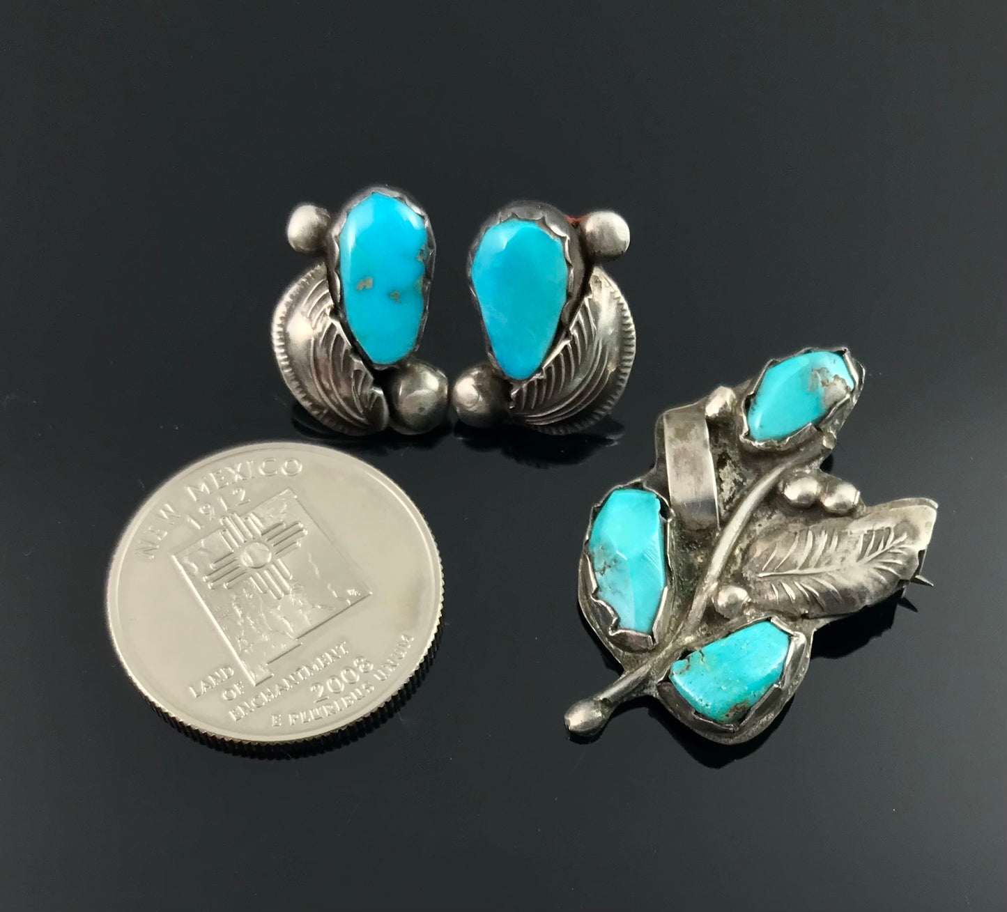 Simplicio Turquoise Pin and Earrings Native American Zuni- Vintage