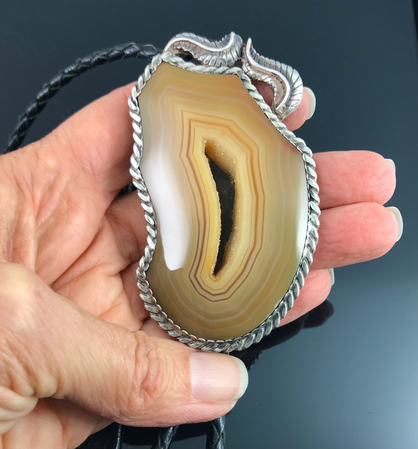 Banded Agate Geode Bolo Tie Native American Navajo - Vintage