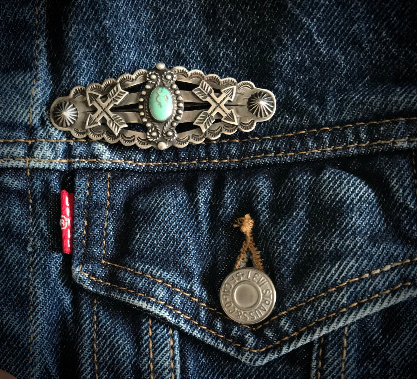 Rare COIN SILVER Large Fred Harvey Era Crossed Arrows Native American Turquoise Pin - Vintage