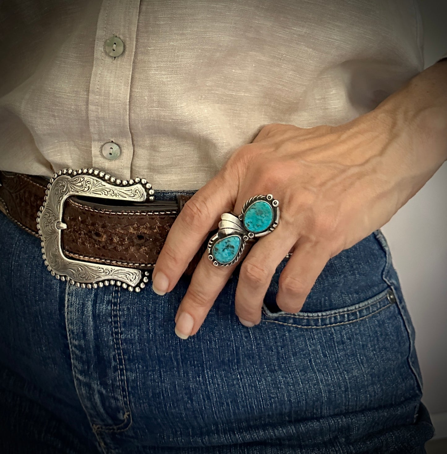 Double Turquoise Native American Navajo Sterling Silver Ring Size 9 - Vintage