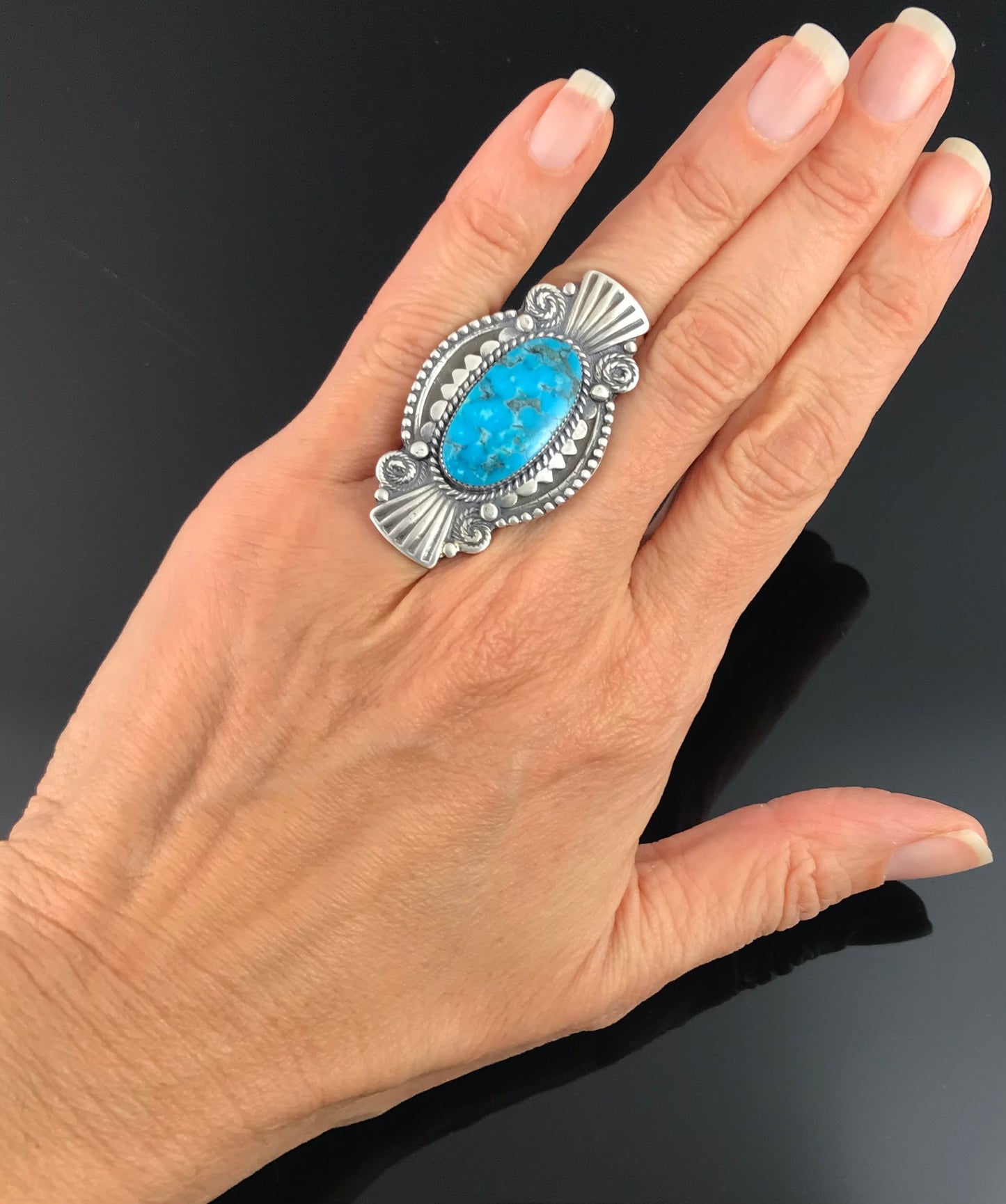 Large Turquoise Native American Navajo Ring Size 6 - Jimson Ben