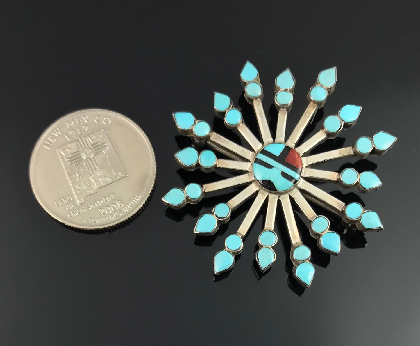 Vintage Zuni Turquoise Petit Point Sun Face Pin Pendant Necklace Native American - Vera Halusewa
