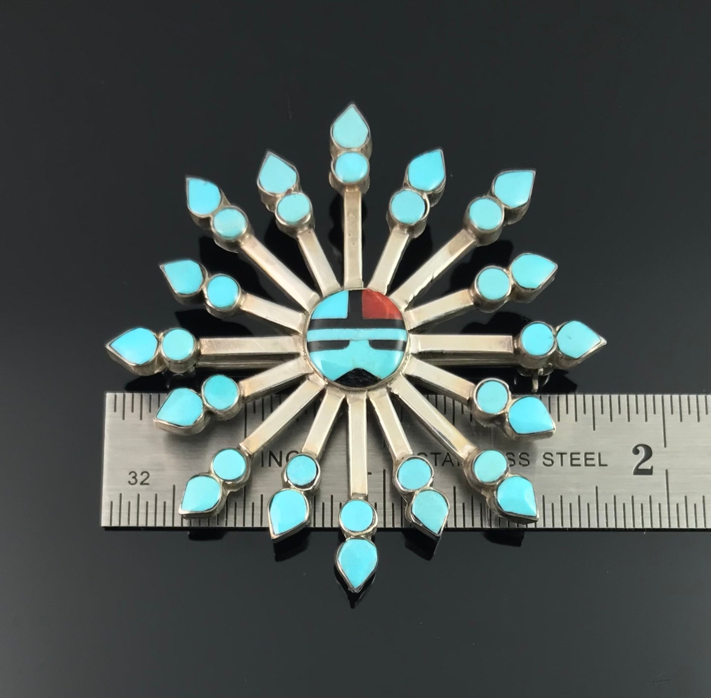 Vintage Zuni Turquoise Petit Point Sun Face Pin Pendant Necklace Native American - Vera Halusewa