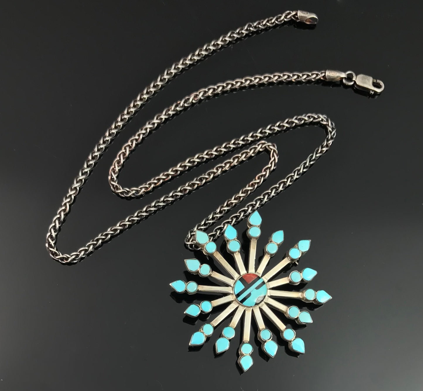 Vintage Zuni Turquoise Petit Point Sun Face Pin Pendant Necklace Native American - Vera Halusewa