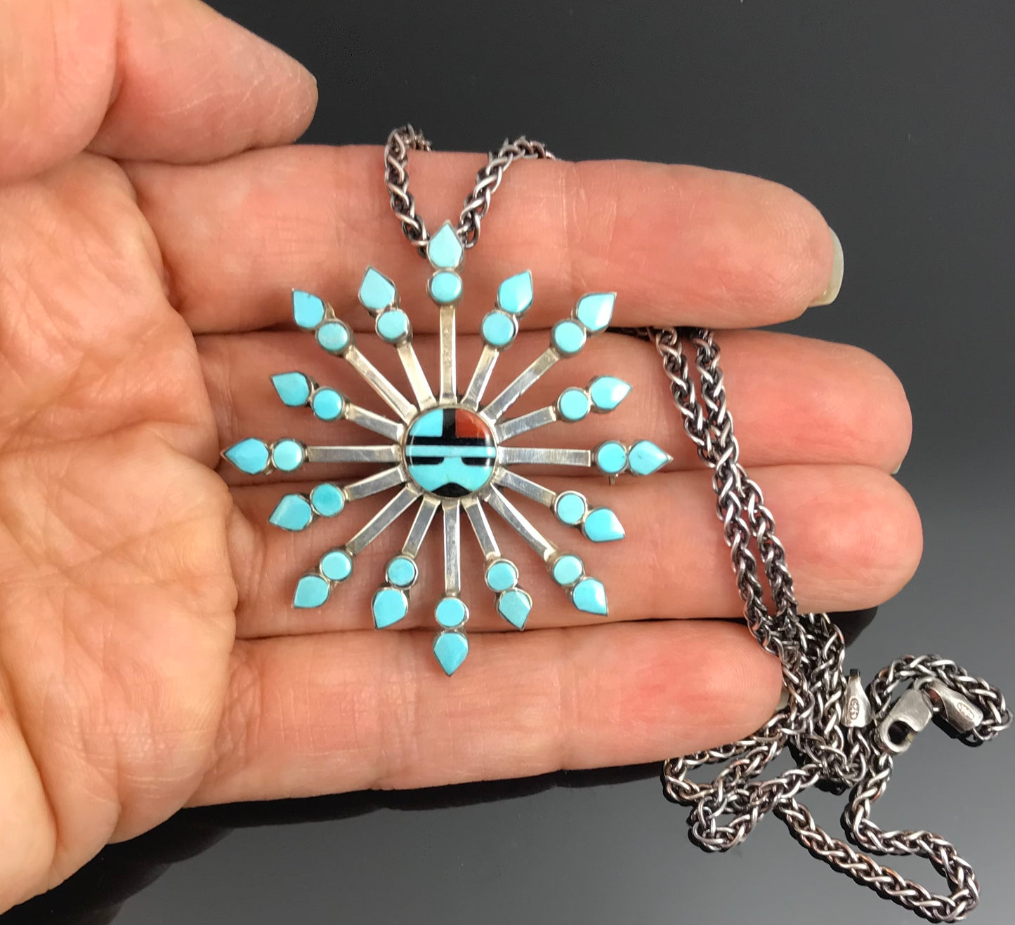 Vintage Zuni Turquoise Petit Point Sun Face Pin Pendant Necklace Native American - Vera Halusewa