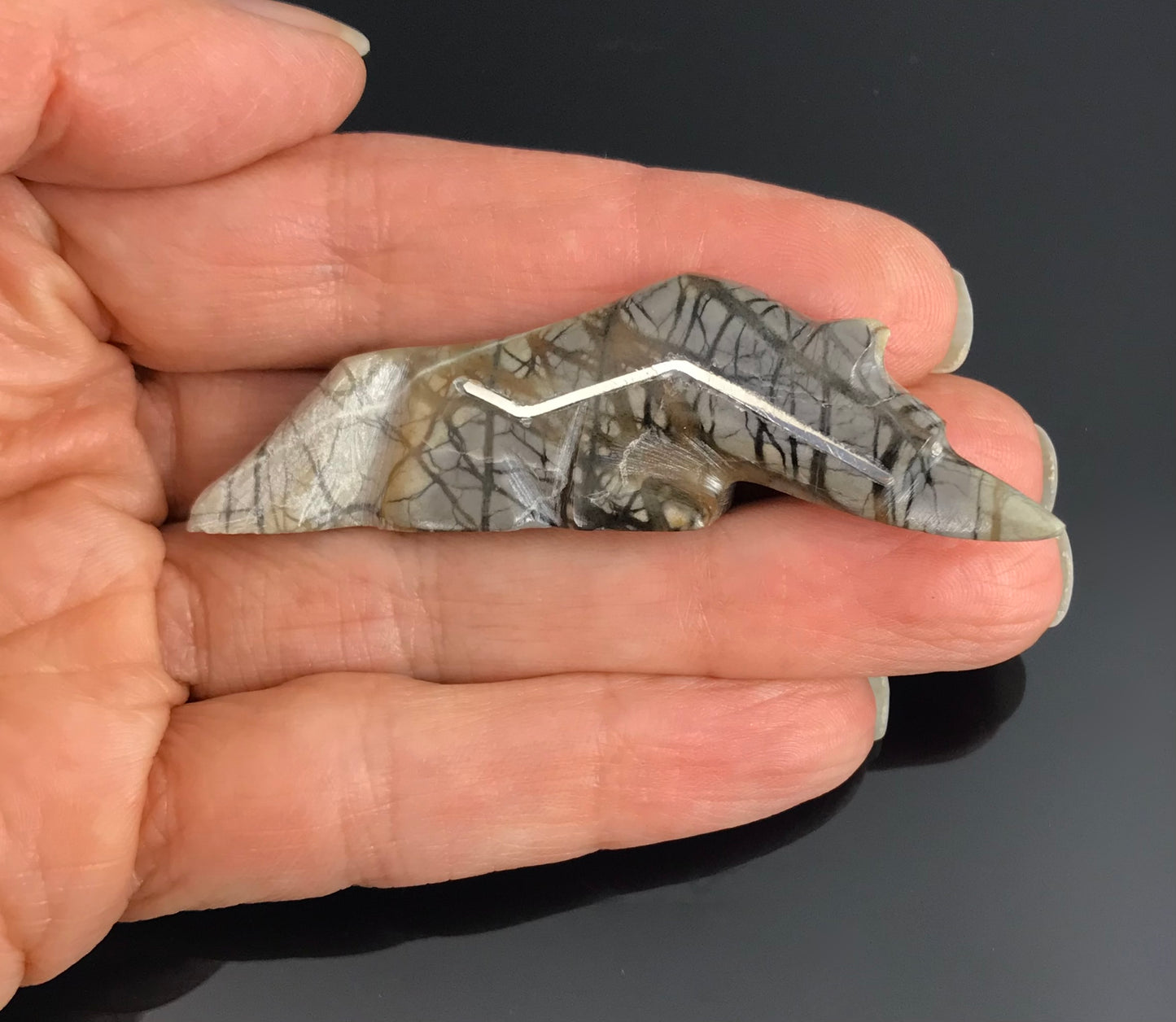 Zuni Coyote Wolf Fetish w/ Silver Eyes & Heart Line Native American - Delvin Leekya