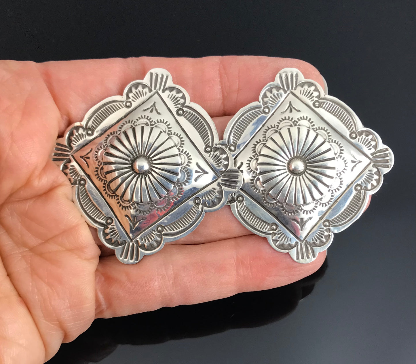 Stamped Concho Earrings Navajo Native American Sterling Siler - Arnold Blackgoat