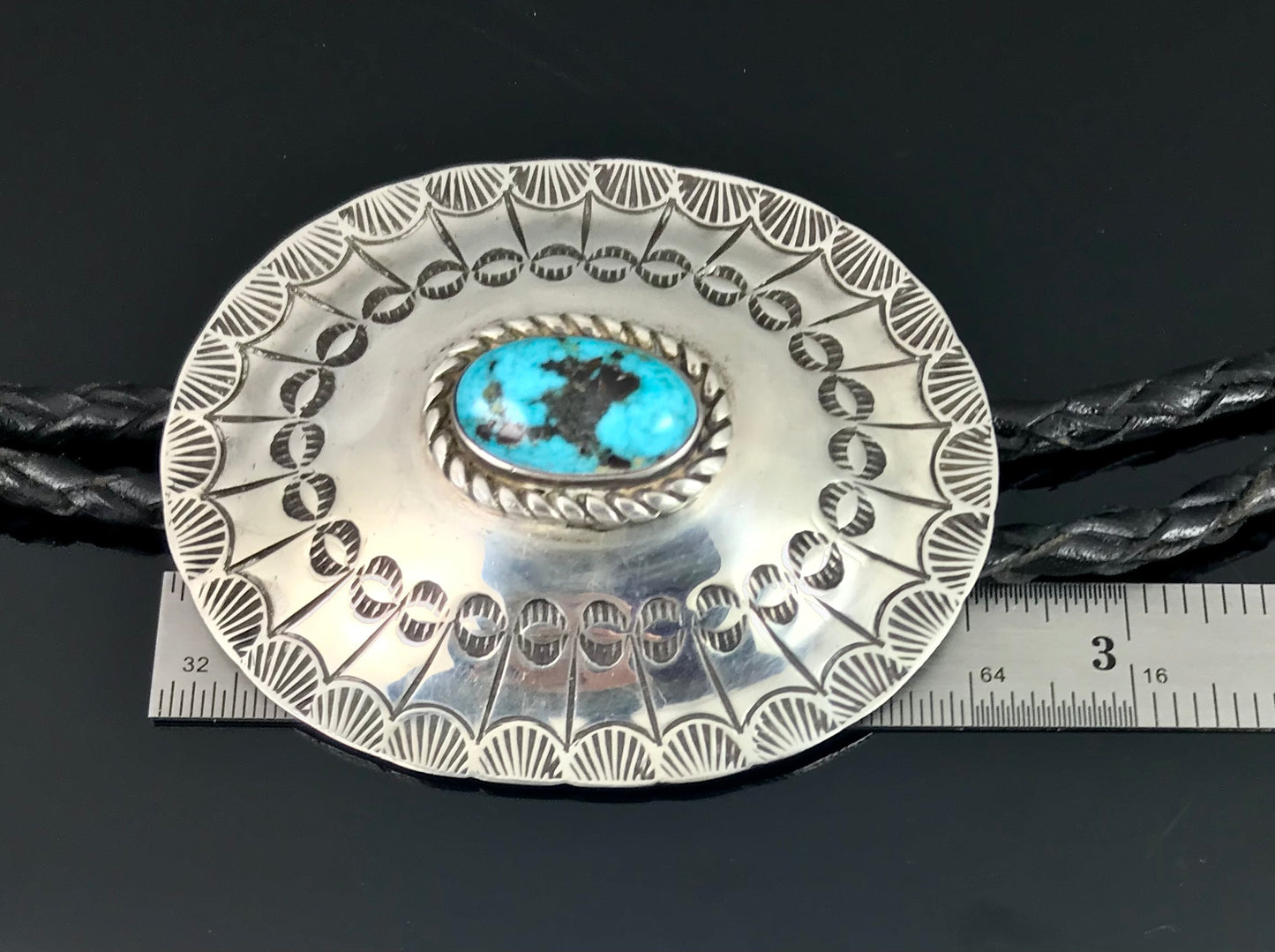 Vintage Stamped Navajo Turquoise & Sterling Bolo Tie Native American - Tommy Joe
