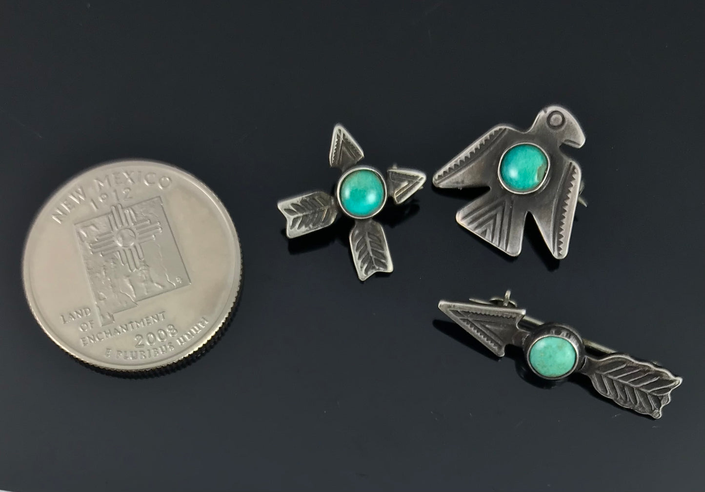 Complete Set of Three Fred Harvey Era Navajo Native American Mini Pins - Vintage