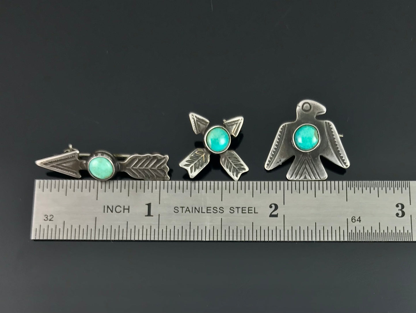 Complete Set of Three Fred Harvey Era Navajo Native American Mini Pins - Vintage