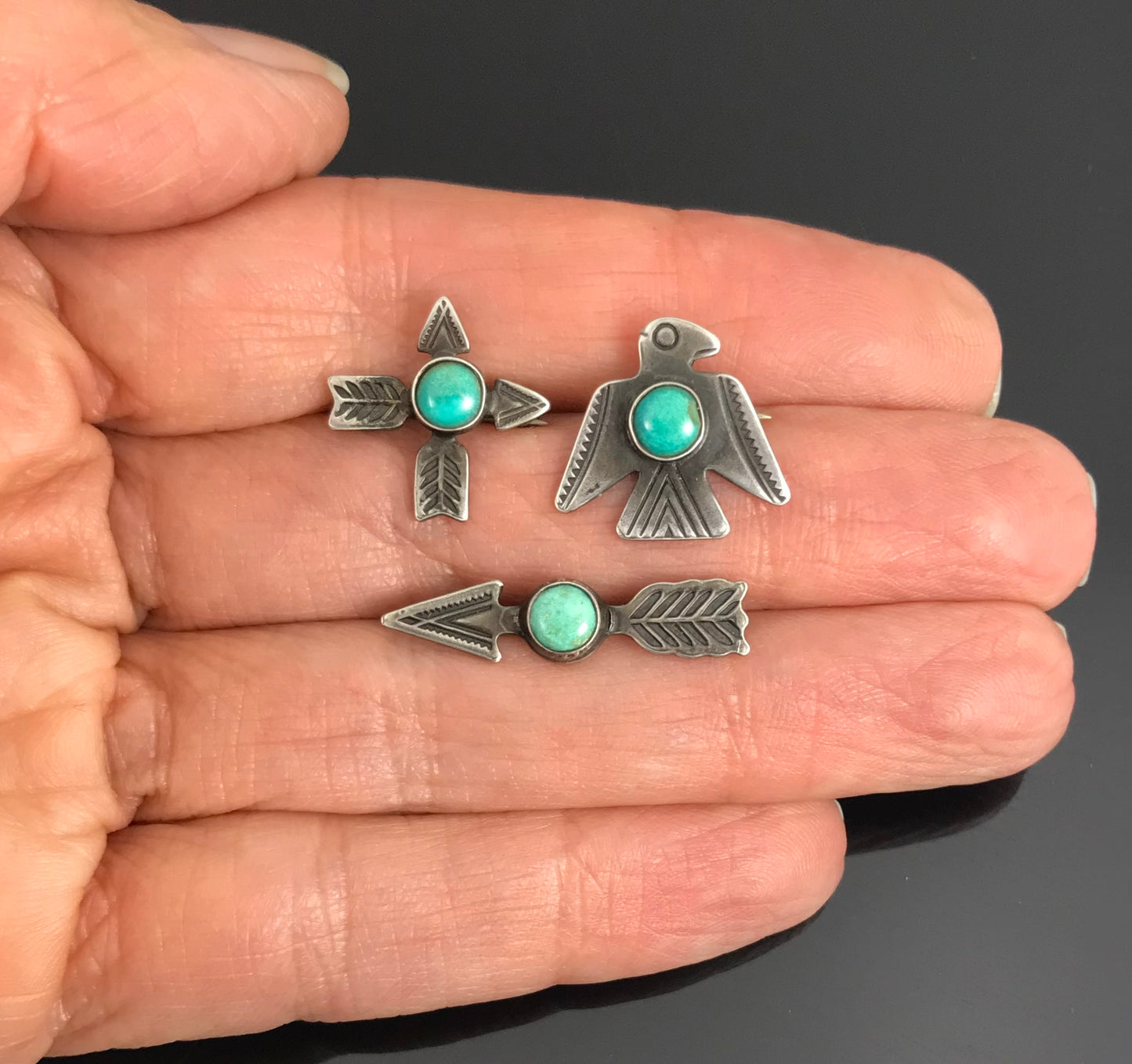 Complete Set of Three Fred Harvey Era Navajo Native American Mini Pins - Vintage