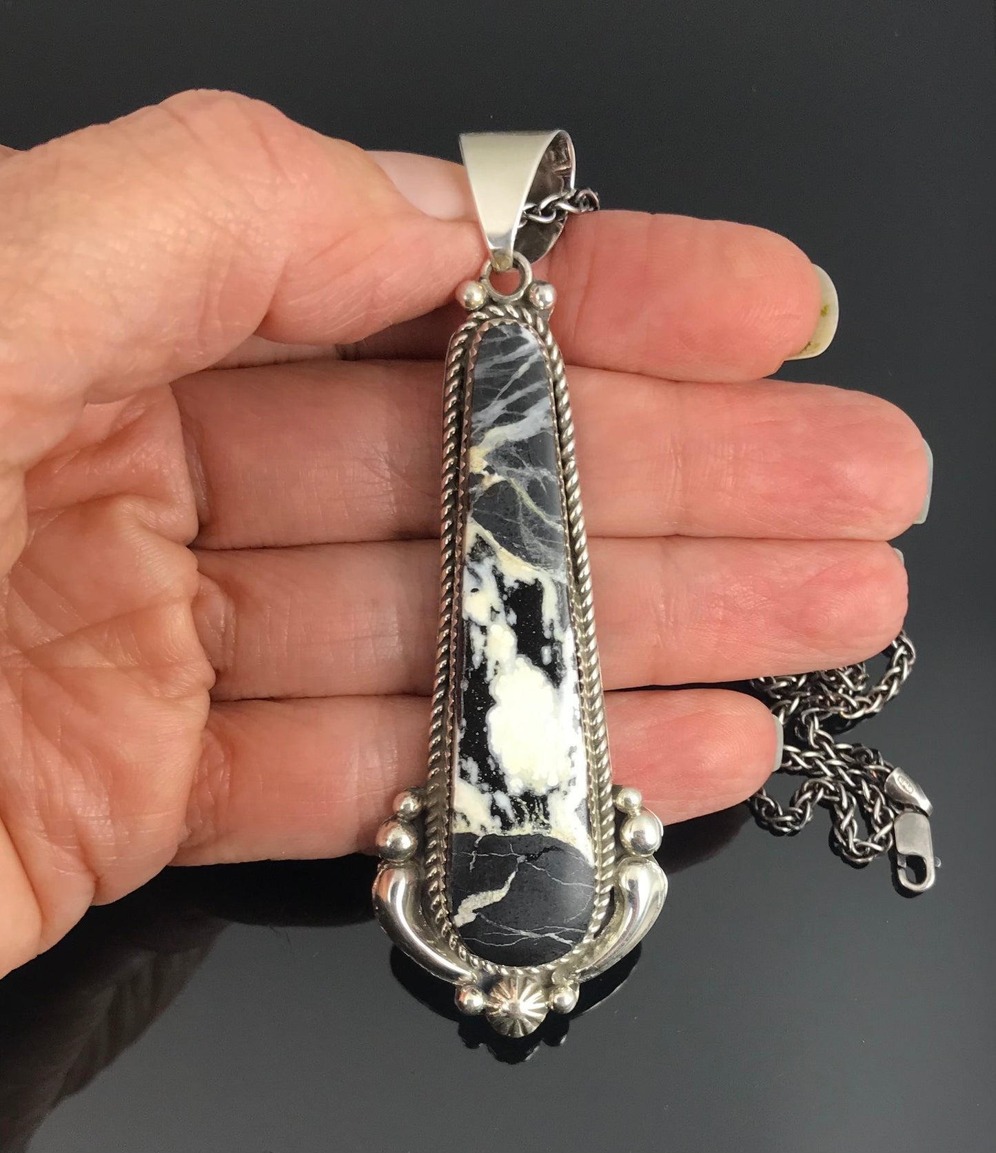 GORGEOUS White Buffalo Sterling Silver Navajo Necklace Pendant Native American Signed - Richard Jim