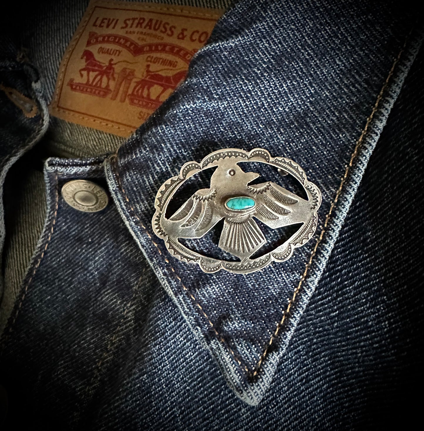 Pierced Frame Fred Harvey Era Thunderbird and Turquoise Pin Native American Navajo - Vintage