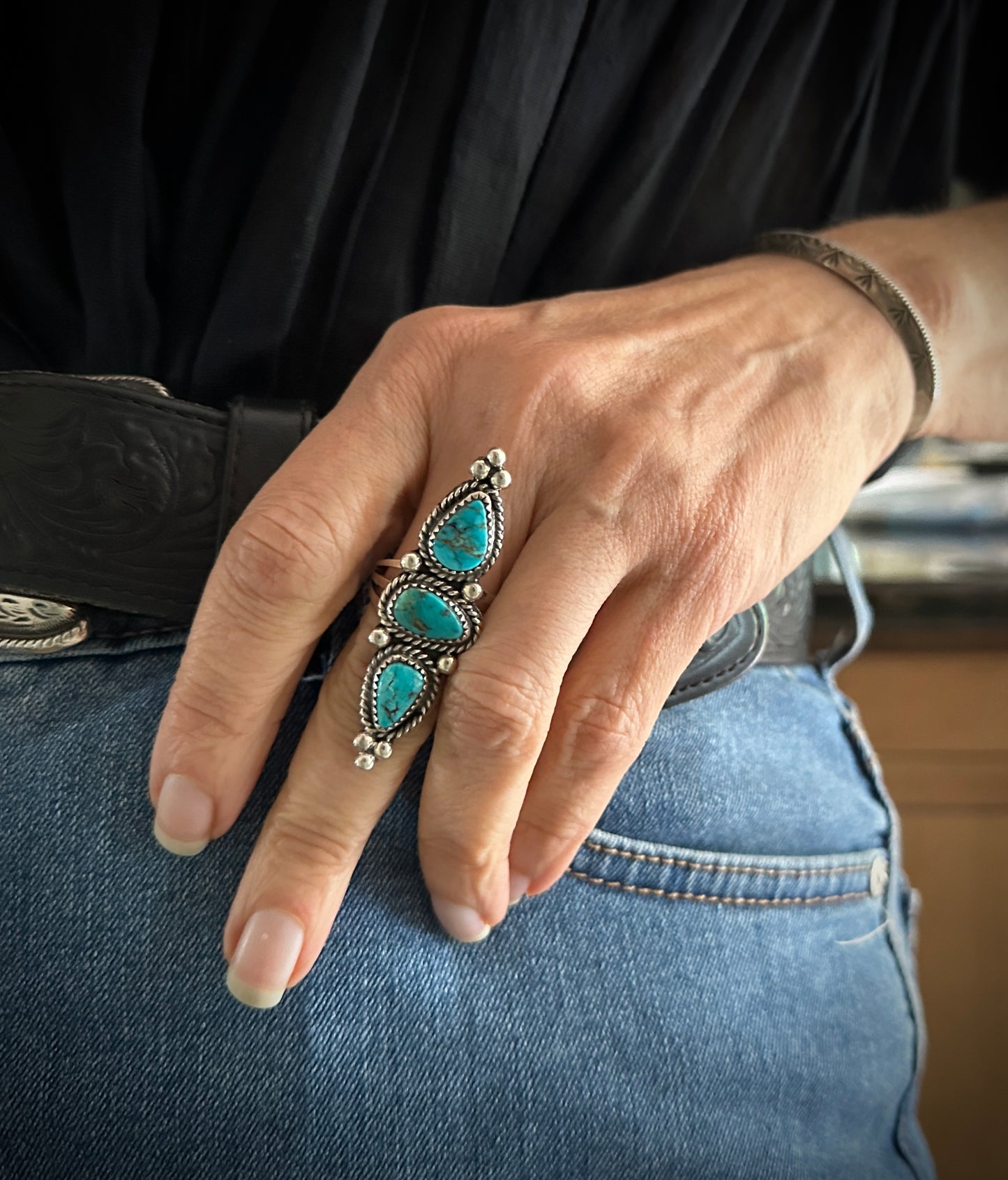 3 Blue Gem Turquoise Native American Apache Navajo Ring Size 9: Rosella Paxson