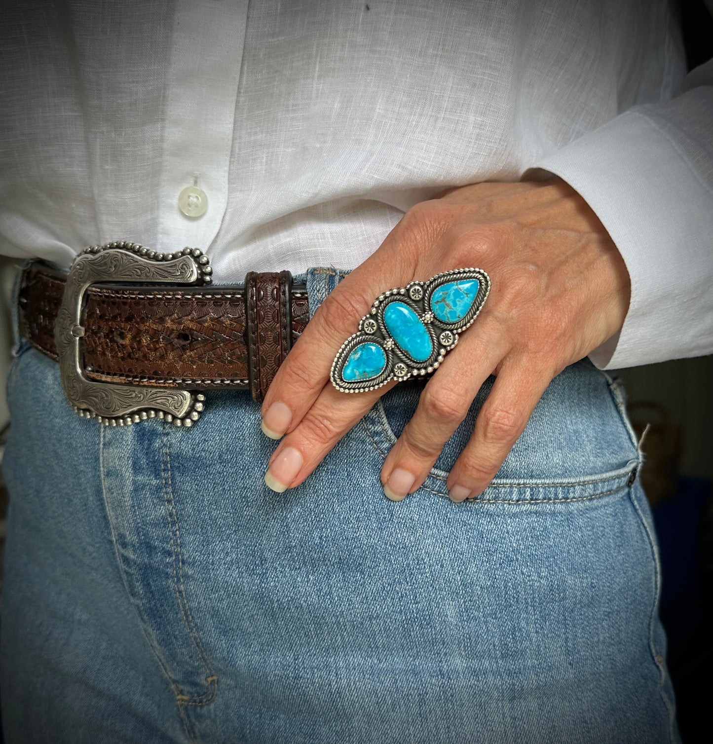 3 Gorgeous Blue Turquoise Native American Navajo Ring Adjustable: Braxton Parkett