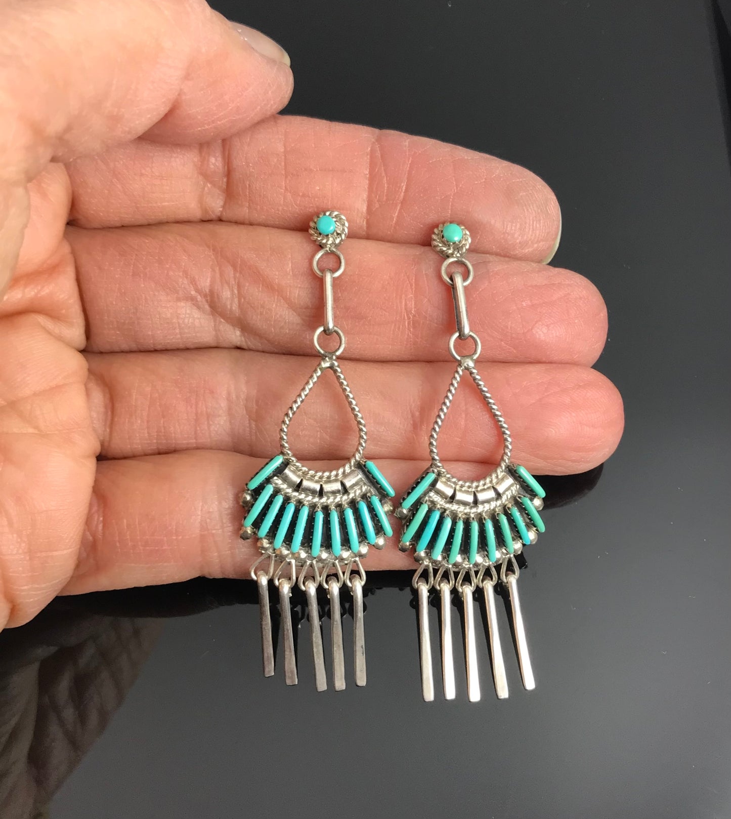 Zuni Needlepoint Petit Point Turquoise Earrings - Ed Cooeyate