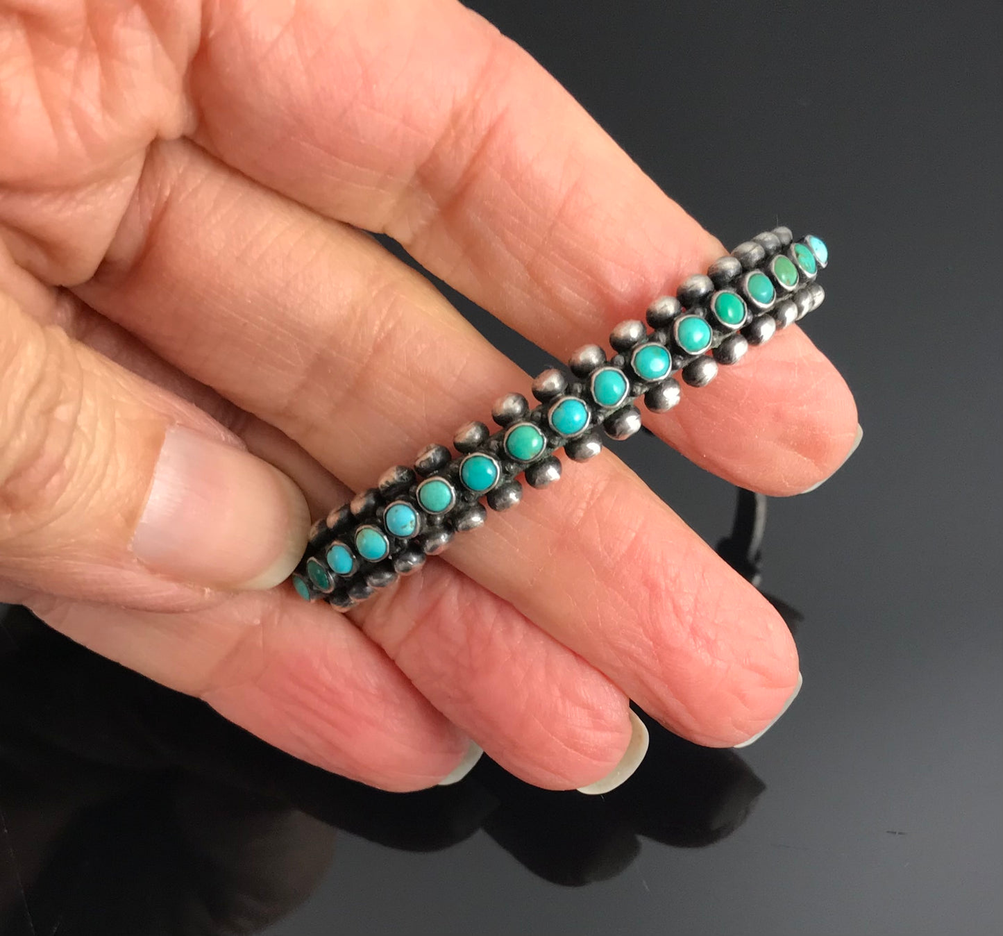 VINTAGE Zuni Snake Eyes Turquoise Row Cuff Bracelet
