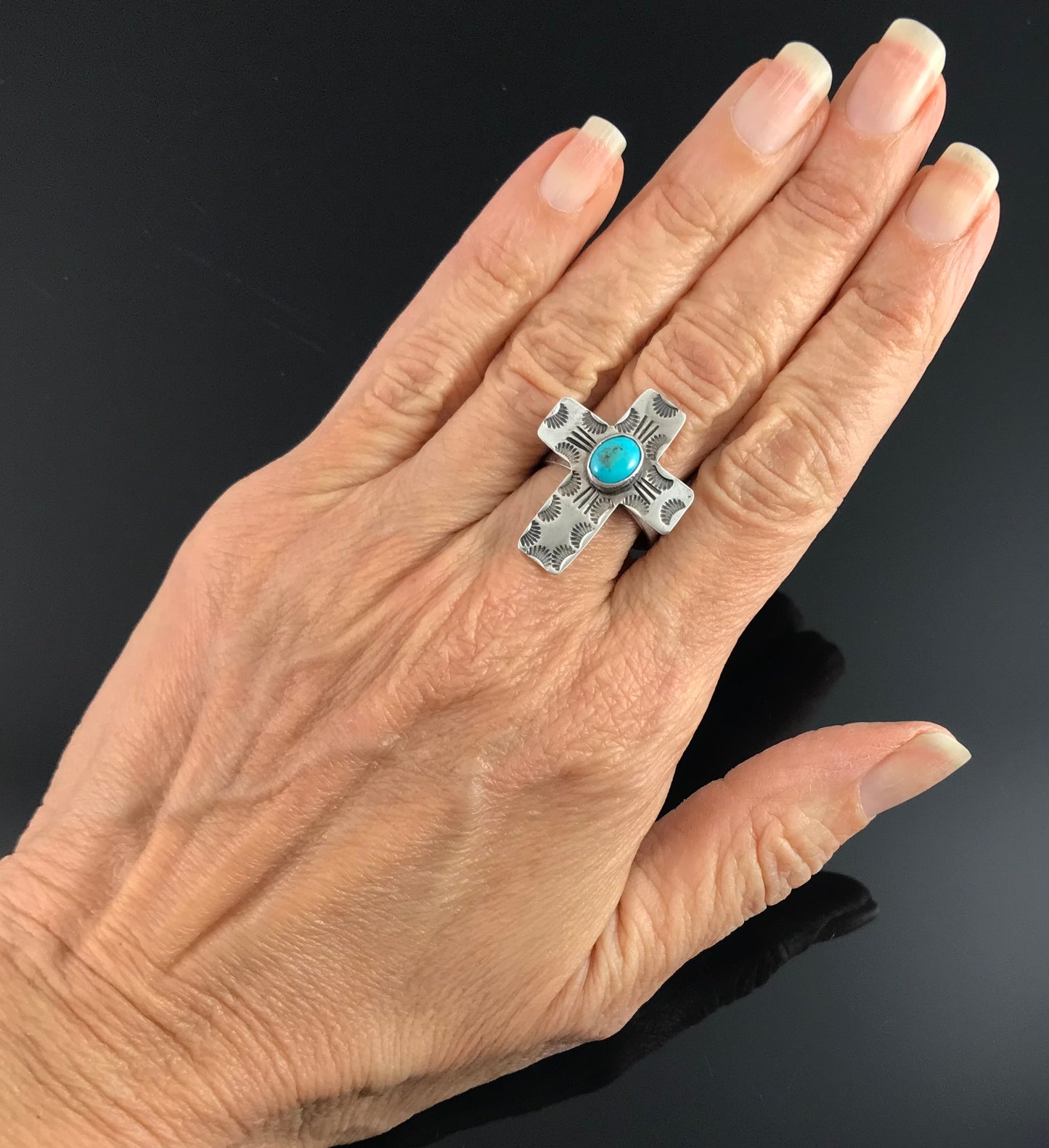 Golden Eagle Trading Company Turquoise Cross Ring Native American Navajo Size 8 - Vintage