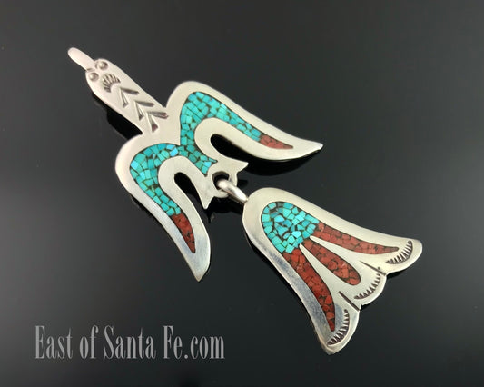 Large Peyote Bird Turquoise & Coral Chip Inlay Pin Pendant - William Singer