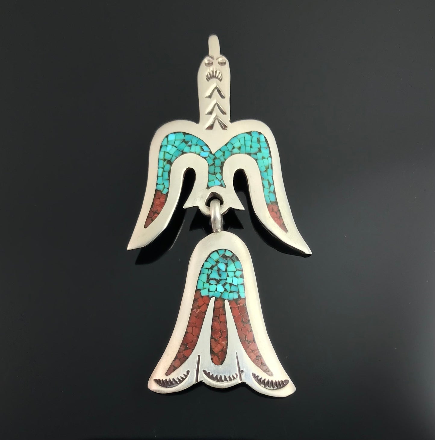 Large Peyote Bird Turquoise & Coral Chip Inlay Pin Pendant - William Singer