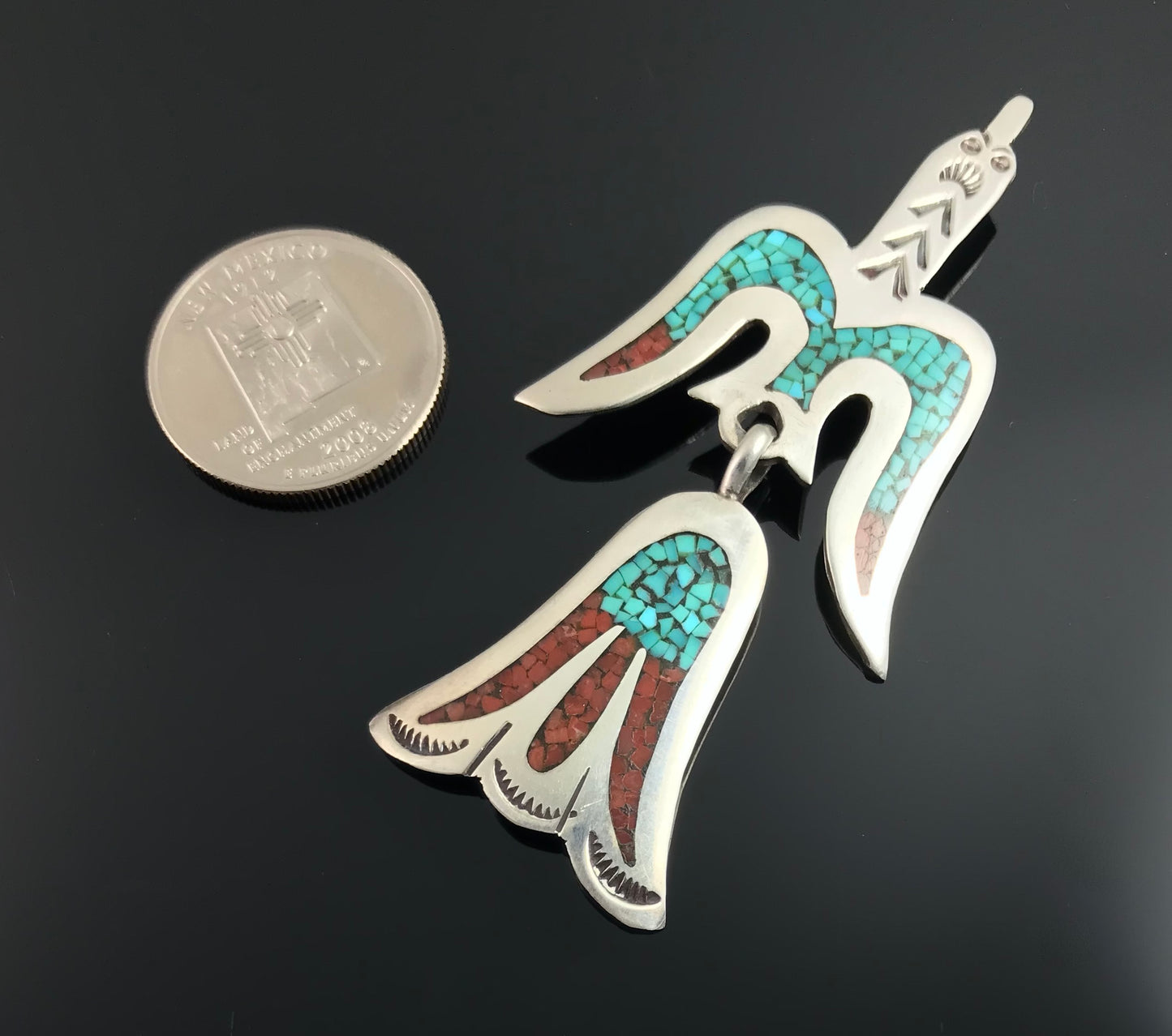 Large Peyote Bird Turquoise & Coral Chip Inlay Pin Pendant - William Singer