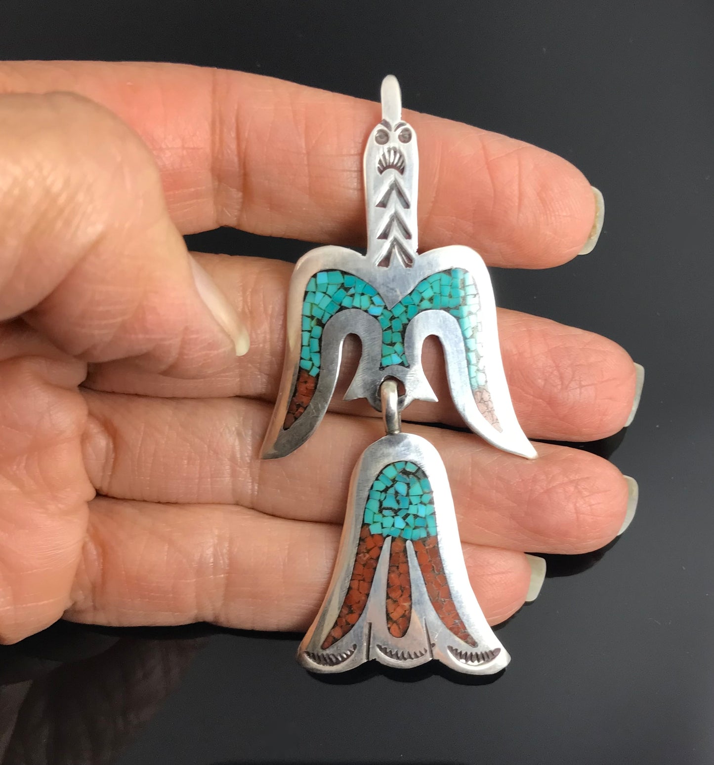 Large Peyote Bird Turquoise & Coral Chip Inlay Pin Pendant - William Singer